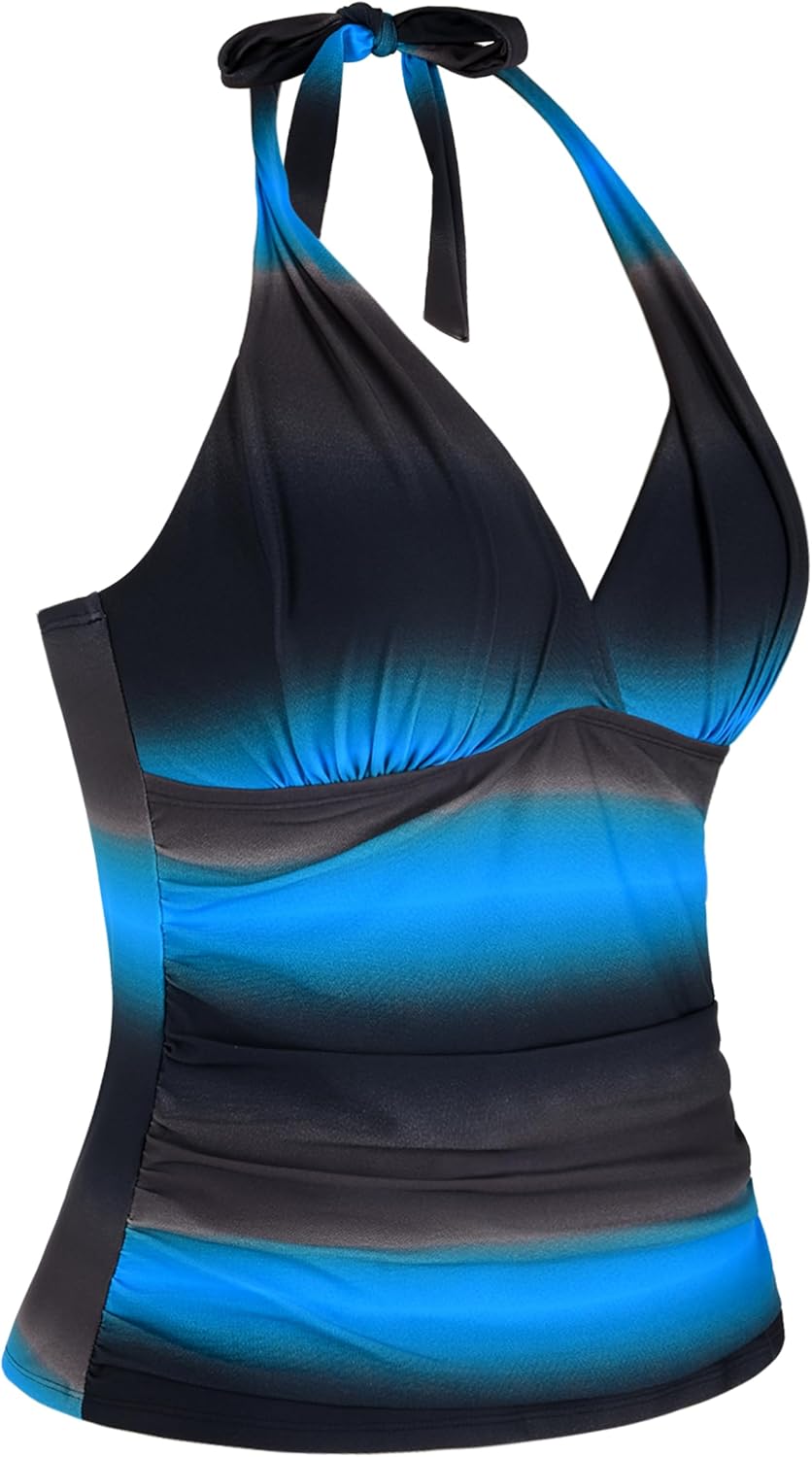 Hilor Women's Tankini Bathing Suit Plunging V Neck Halter Swim Tops Shirred Tummy Control Tankini Top - Image 3