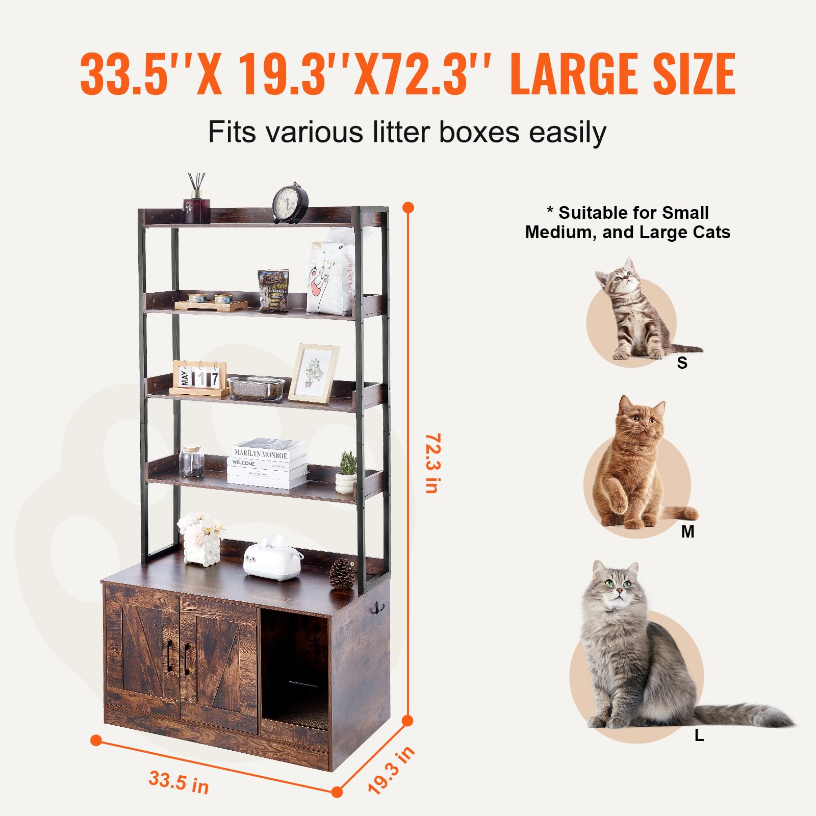 VEVOR Meuble Cache Bac à Litière pour Chat, 85x49x149 cm, Maison de Toilette pour Chat avec 4 Étagères de Rangement, Armoire en Bois pour Cacher la Plupart des Bacs à Litière pour Chats, Marron Foncé