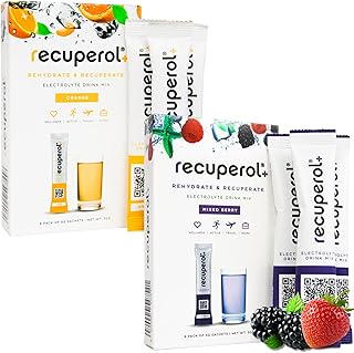 Recuperol Rehydration & Recovery Electrolytes Powder, Dehydration Supplement, 12 Sachets, Replace Electrolytes & fluids, Zinc, Vitamin C, B12, D3, Potassium, Orange & Mixed Berry Variety Bundle