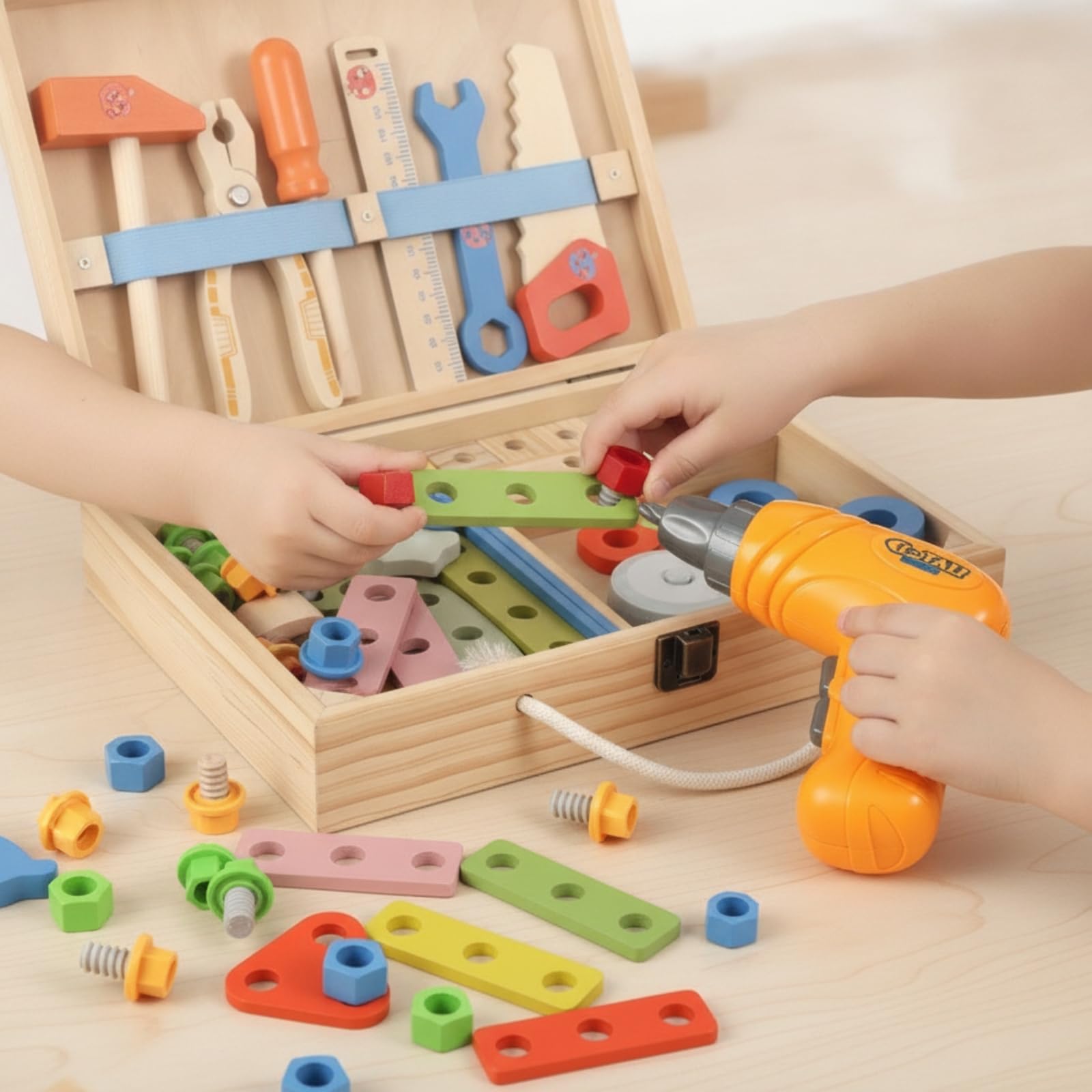 Boîte à Outils En Bois Éducatif Mallette D'outils avec Poignée Sûr Établi Portable pour Enfants