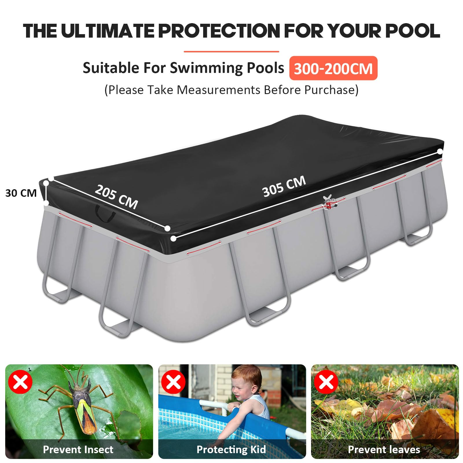 Cubre Piscina Rectangular 420D 305x205 para 300x200cm con Ojales | Negro, 420D Oxford, con Ojales Reforzados, Impermeable, Anti-UV y Resistente al Desgarro, para INTEX y BESTWAY