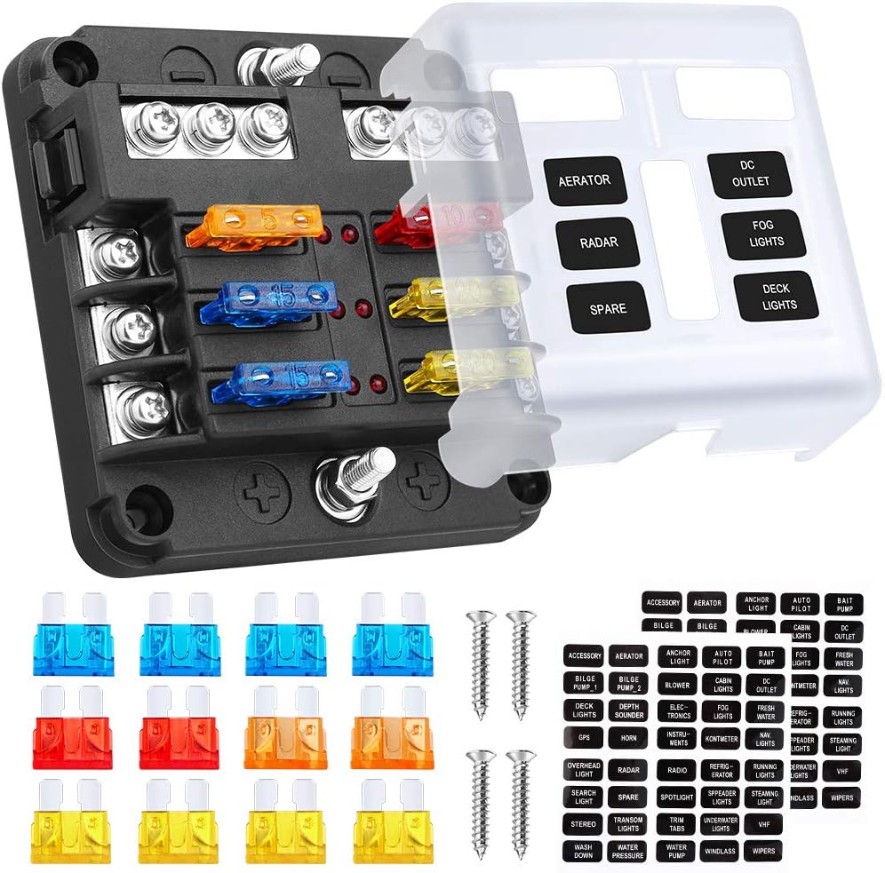 Electop 6 Way Blade Fuse Block Fuse Box Holder, 6 Circuit Car Ato/Atc Fuse Block with LED Indicator Damp-Proof Protection Cover Sticker for Automotive Car Truck Boat Marine RV Van : Automotive