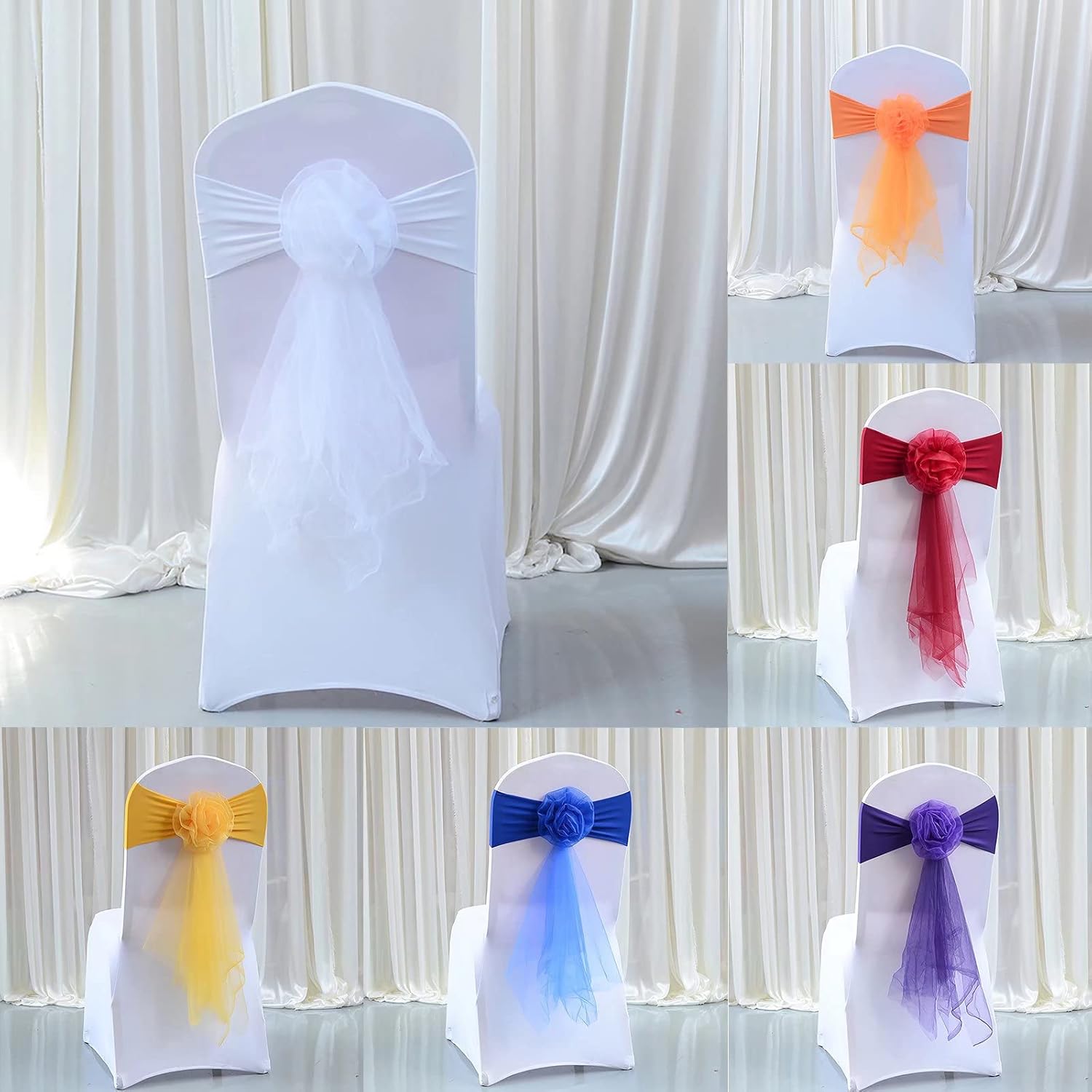 Pack of 10 Flowers Organza Stretch Chair Sashes, for Wedding Party Chair Cover Decoration, Spandex Stretch Chairs Bands (10 PCS White)