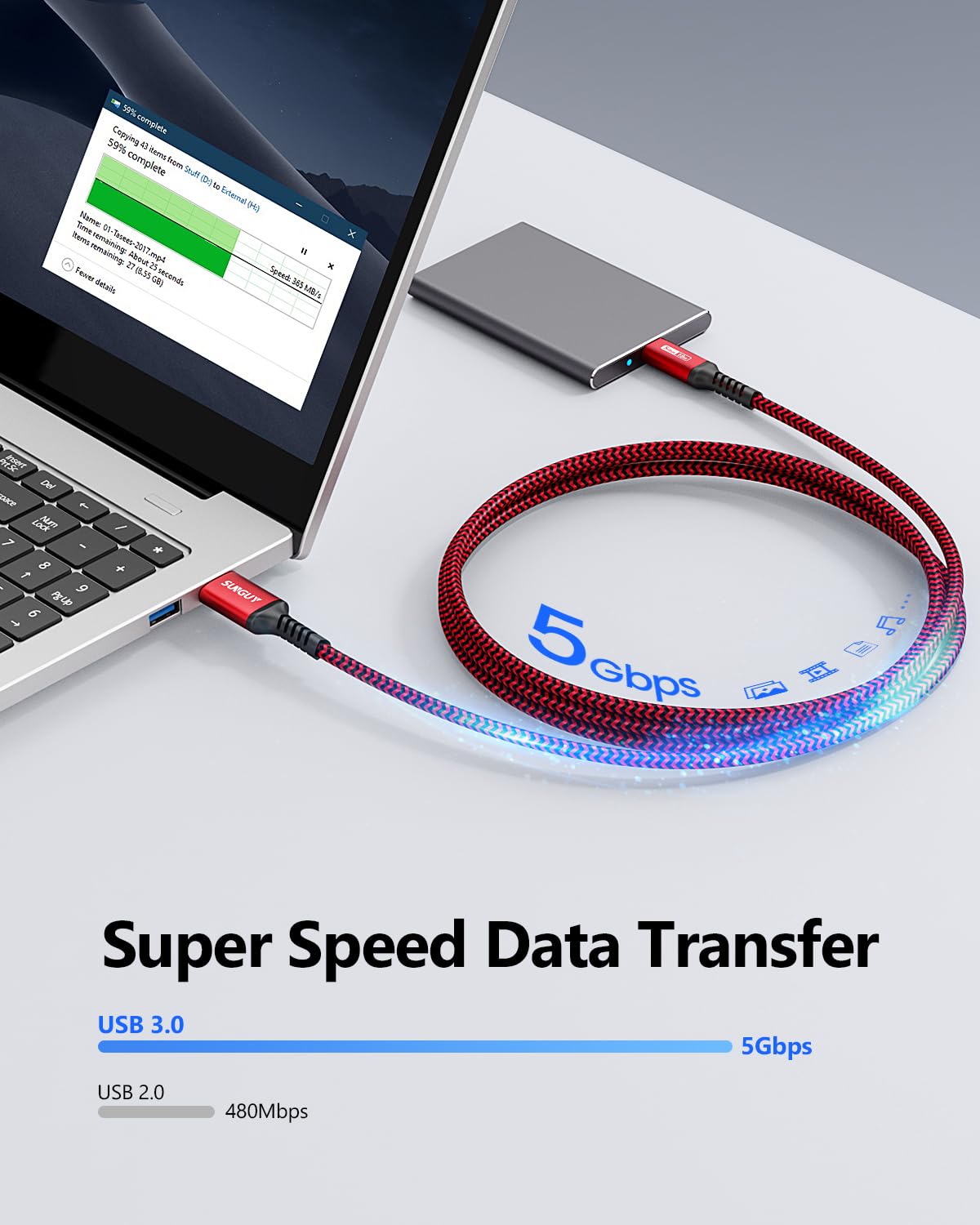 SUNGUY Cavo USB C, 3m Cavo USB Type C Cavo 5 Gbps Cavo di Ricarica Compatibile con iPhone 15 Pro Max, Galaxy S24 S23 S22, Android Auto-Rosso