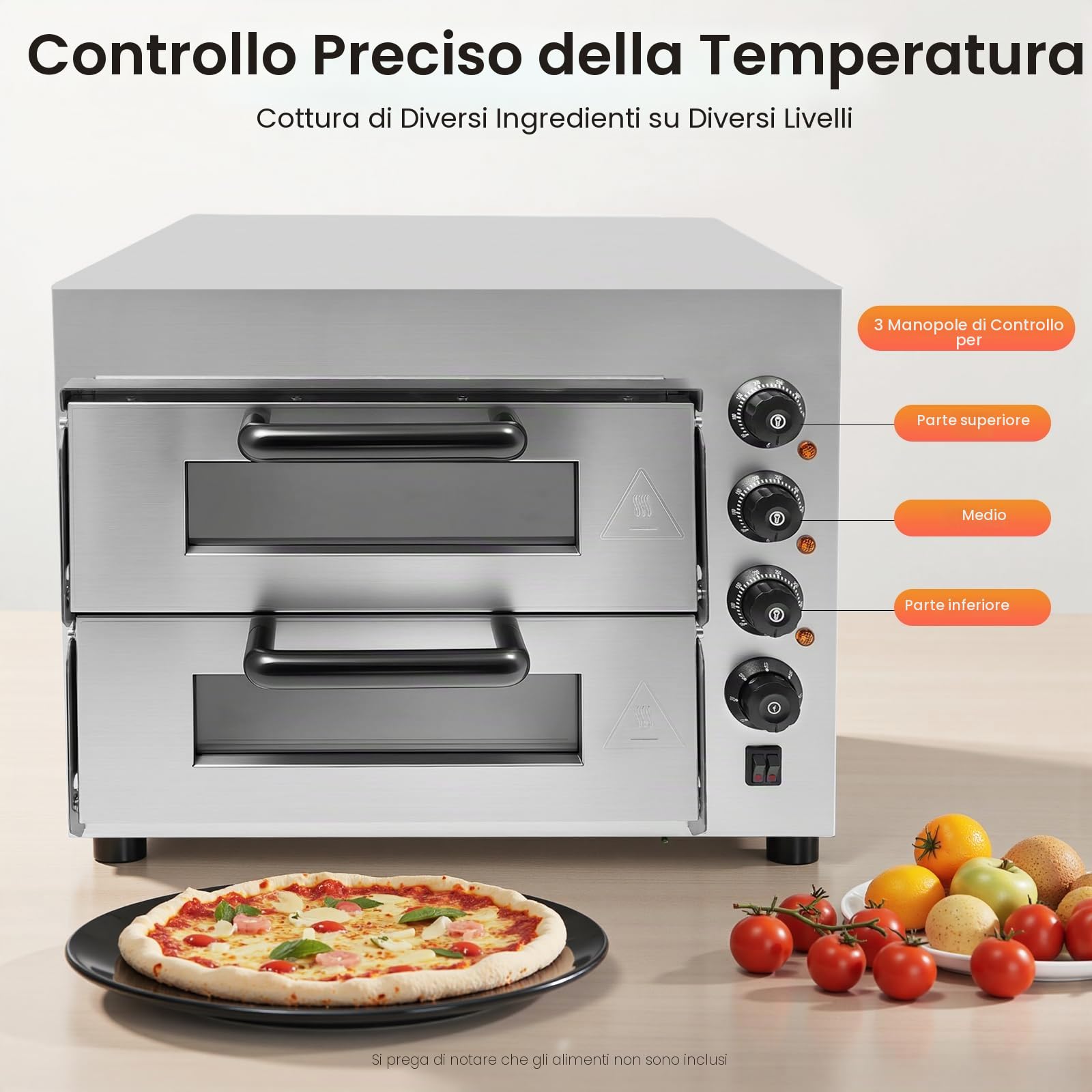 Forno elettrico per pizza, 3000 W, 220 V, 2 livelli, per esterni, con 1 paio di guanti, controllo della temperatura da 50 a 350 °C, timer, acciaio inox