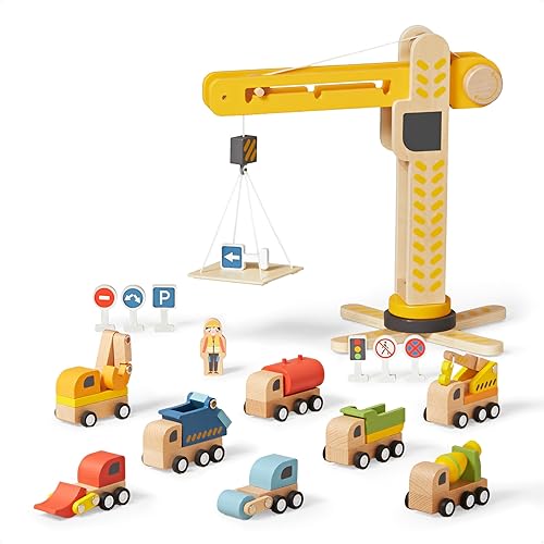 Juego de madera Crane Command Fleet, juego de 18 piezas para niños pequeños de 3 a 5 años, 8 vehículos, suspiros de carretera, madera no tóxica,