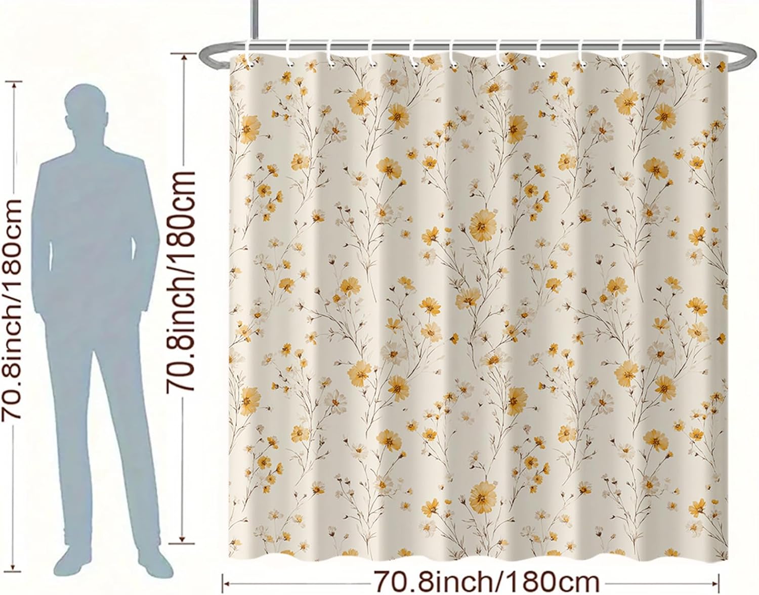 Yellow Floral Shower Curtain 72x72 Inch Wildflower Botanical Pattern Beige Background Cute Cottagecore Vintage Bathroom Decor for Women Girls Farmhouse Tub Stall