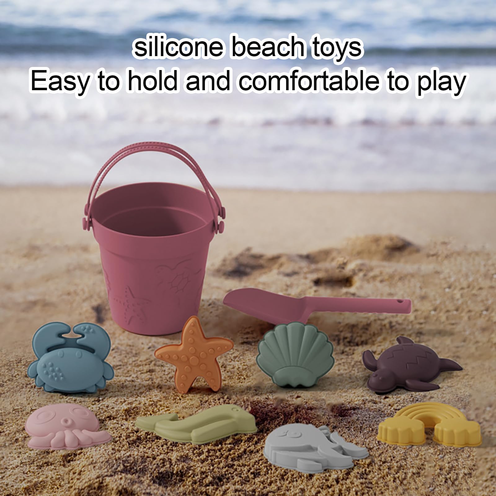 JasCherry Beach Toys for Kids 10Pcs Silicone Beach Toy Set, Collapsible Beach Bucket, Spade - Image 3