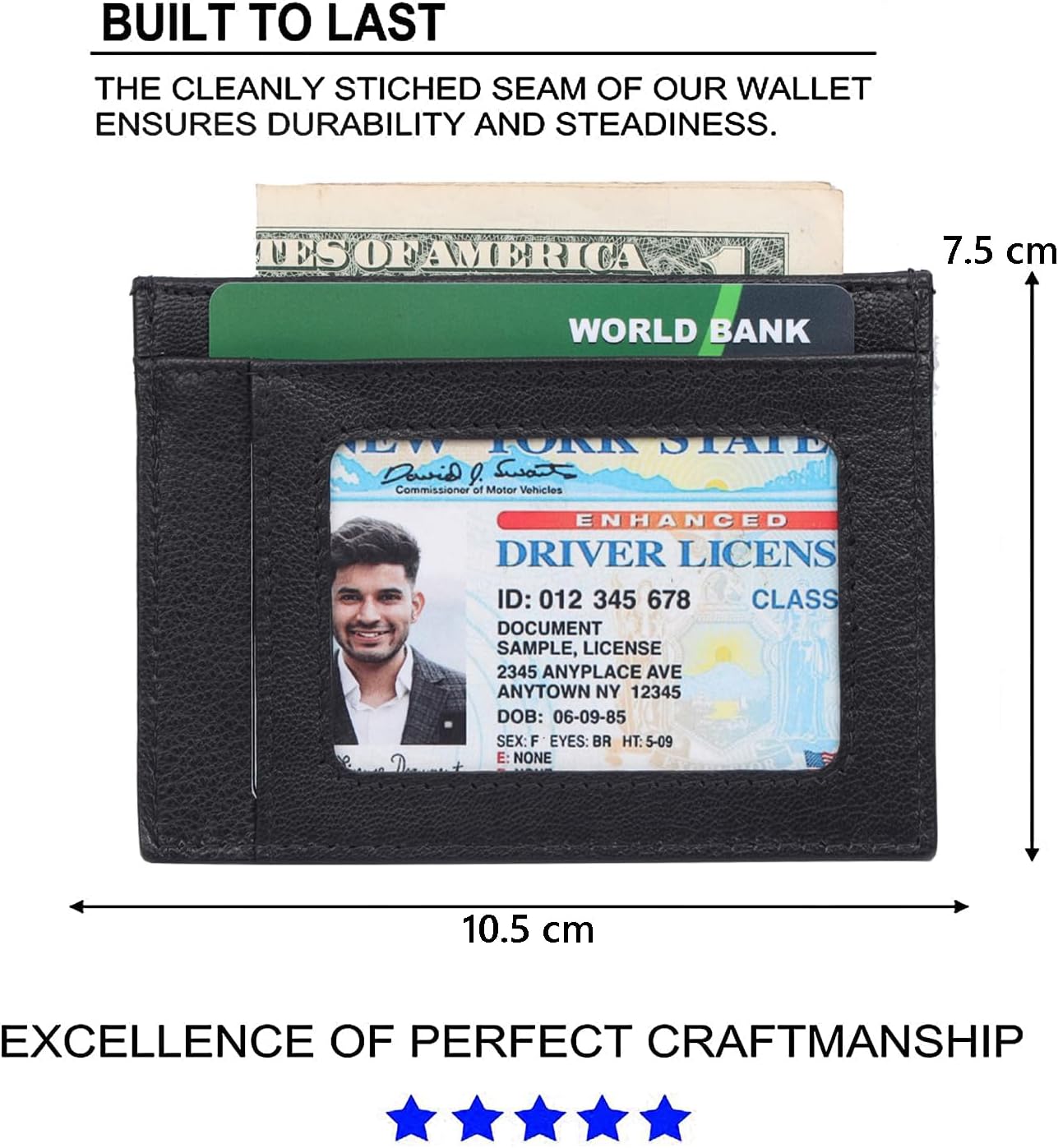 Black Leather Wallet – Classic Vertical Slim Card Holder | Real Genuine Leather Mens Wallet | RFID Secure | Fits Up to 8 Cards & Currency | Tap to Pay Feature | Quality Credit Card Holder - Image 2