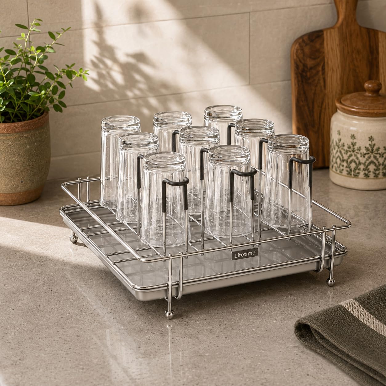 Stainless Steel Glass Stand - 9 Holder, Drain Tray -1 Stainless Steel Glass Stand - 9 Holder, Drain Tray -1
