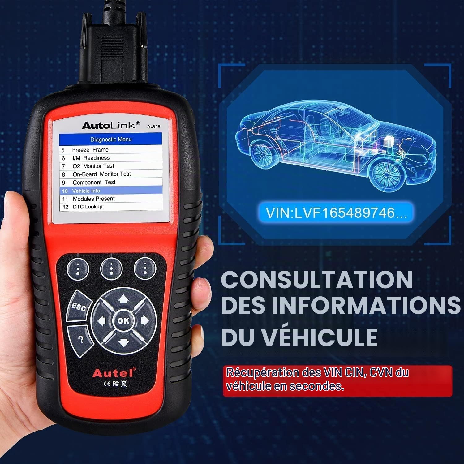Autel AutoLink AL619 Scanner Diagnostic Automatique OBD2 ABS SRS Can