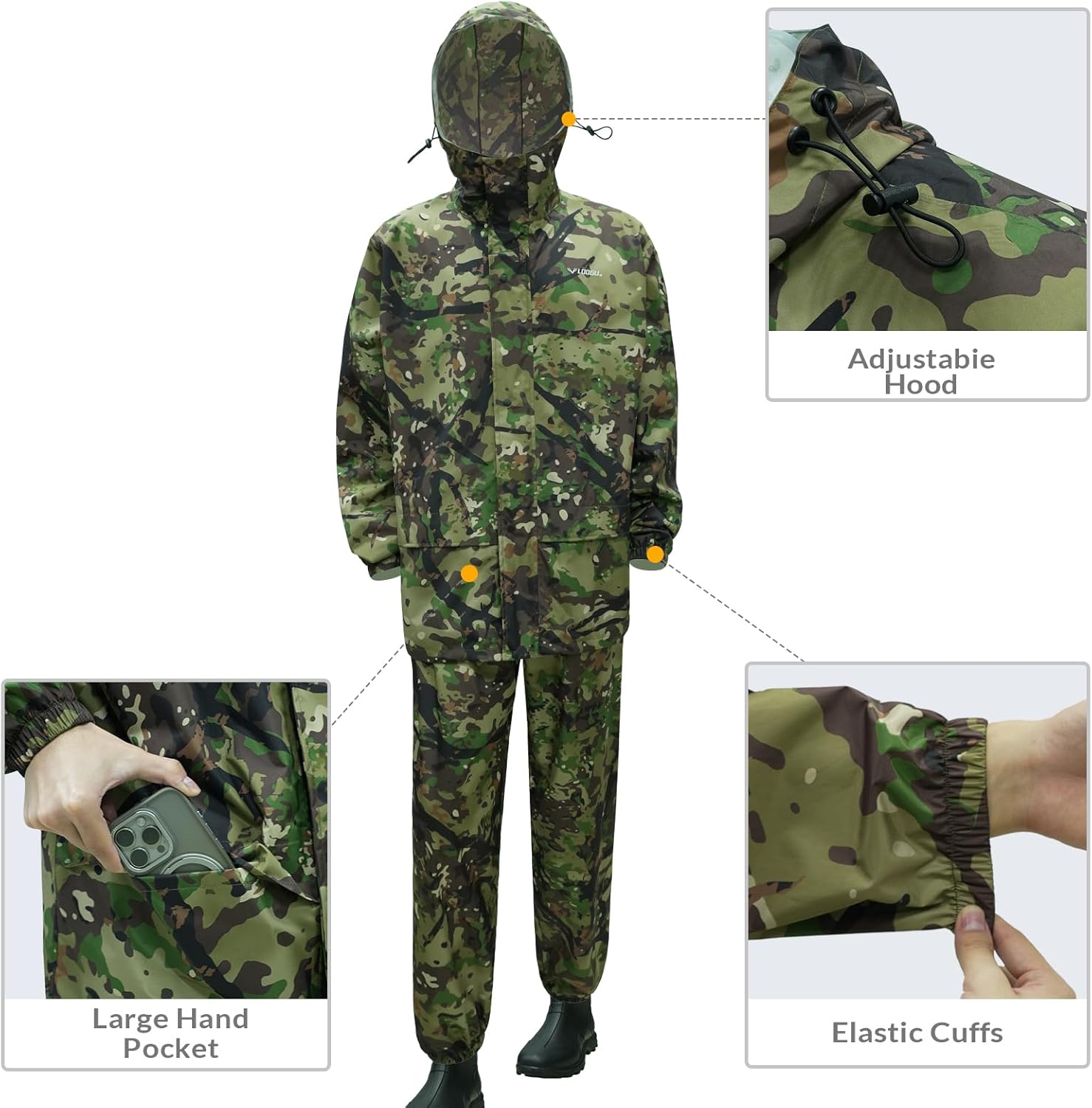 LOOGU Men's Rain Suit - Rain Gear for Men Waterproof, Lightweight Rain Coat, Breathable Mens Rain Jackets Hood and Pants