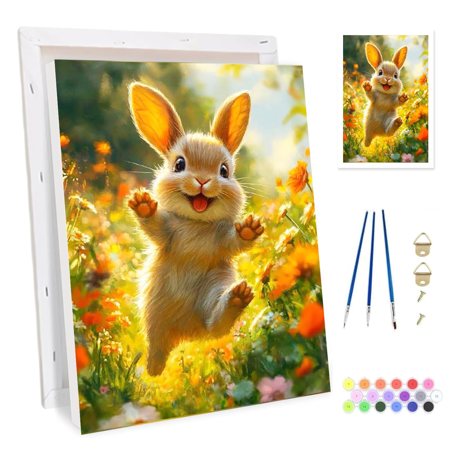 Bowetile Easter Rabbit Framed Paint by Numbers for Adults, Flower Painting by Numbers Kit for Adults Beginners Canvas Kit, DIY Color Oil Painting Acrylic Paints for Home Wall Decor 20x30cm
