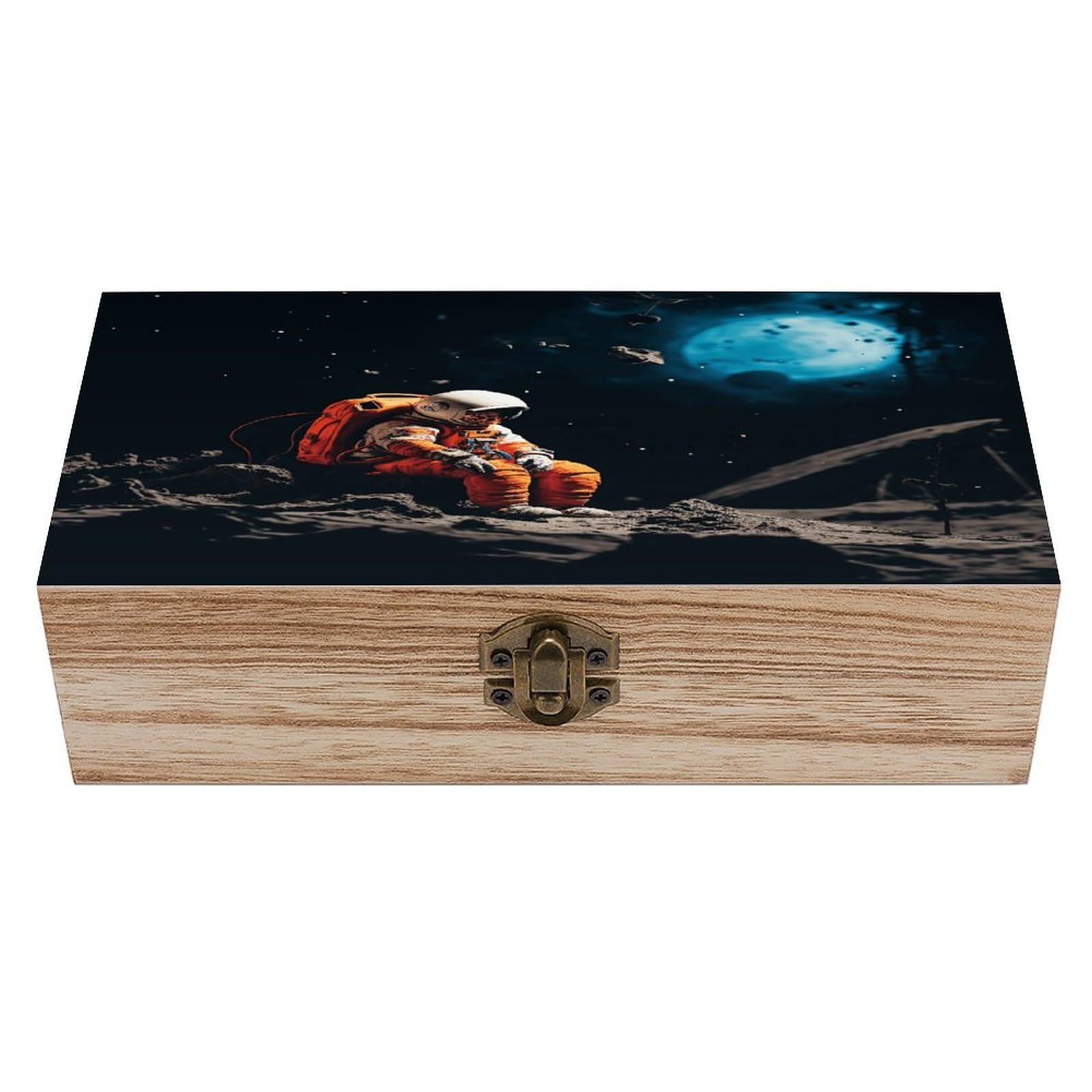 VstaDank Astronaut Crashed on The Moon Wooden Keepsake Box with Hinged Lid Solid Wood Gift Boxes Beautifully Keepsake Box Jewellery Organiser Retro Memory Treasure Case with Lids Decorative Boxes