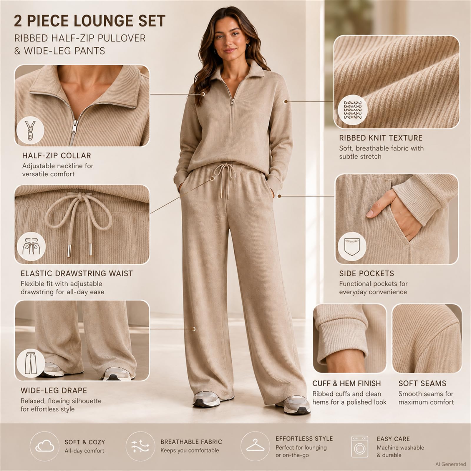 2-teiliges Lounge-Set für Damen, halber Reißverschluss und Hose mit weitem