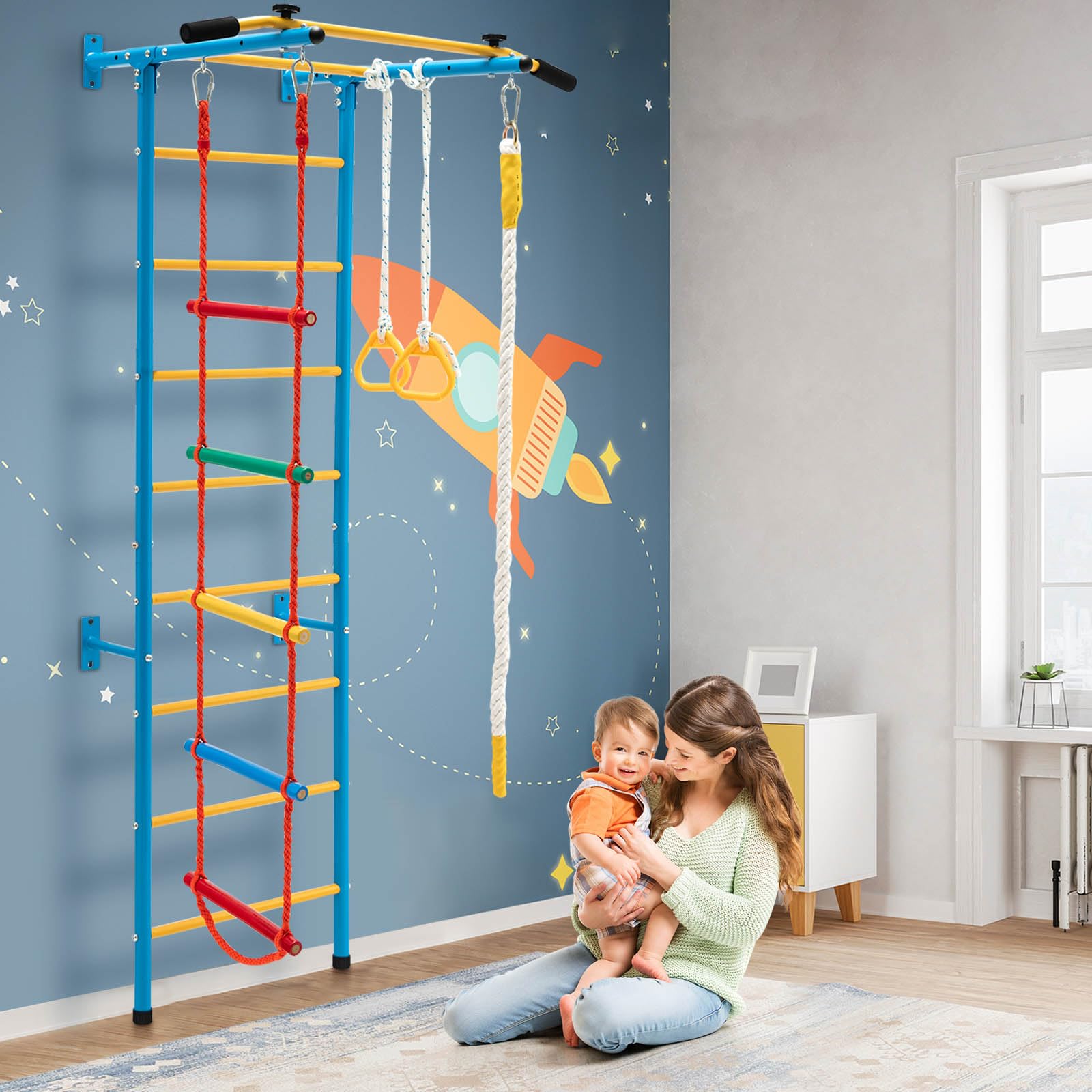 LIFEZEAL Drabina wspinaczkowa dla dzieci z drążkiem do podciągania, pierścieniami, drabinką linową, huśtawkami, ścianką wspinaczkową do pokoju dziecięcego, ścianką gimnastyczną ze ramą wspinaczkową
