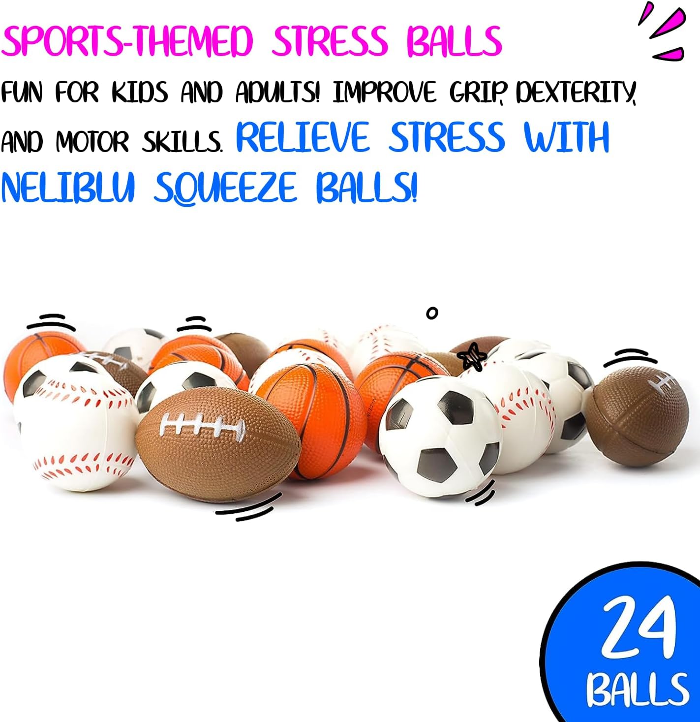 Set of 24 Sports 2.5" Stress Balls - Includes Soccer Ball, Basketball, Football, Baseball Squeeze Balls for Stress Relief, Party Favors, Ball Games and Prizes, Stocking Stuffers - Bulk 2 Dozen - Image 2