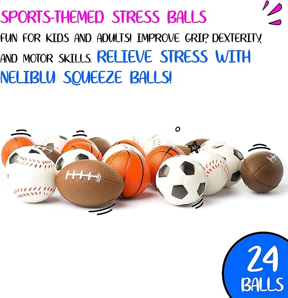 Set of 24 Sports 2.5 Stress Balls - Includes Soccer Ball, Basketball, Football, Baseball Squeeze Balls for Stress Relief, Party Favors, Ball Games and Prizes, Stocking Stuffers - Bulk 2 Dozen