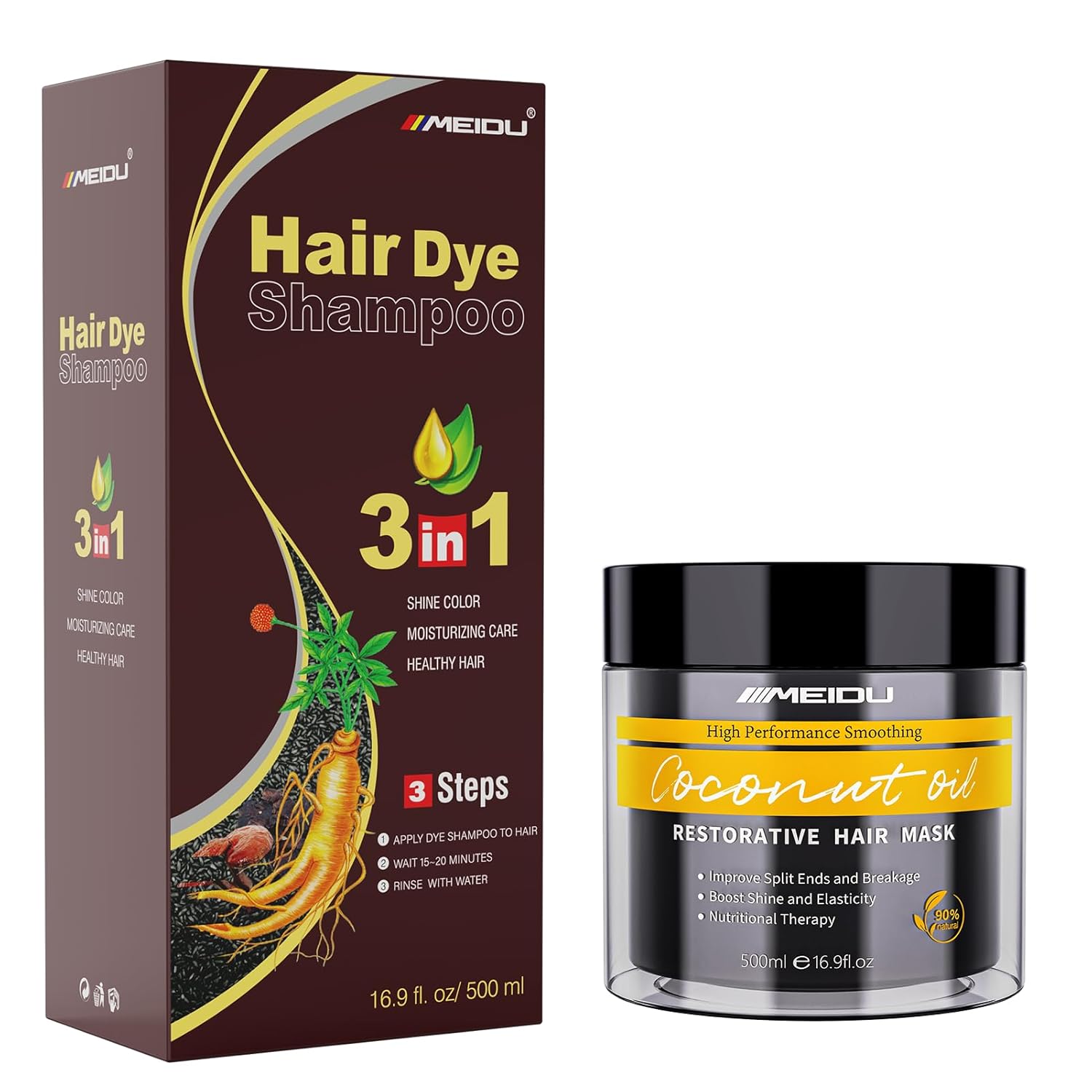 IIIMEIDU Dark Brown Hair Dye Shampoo 3 in 1 for Gray, Hair Mask for Damaged Hair