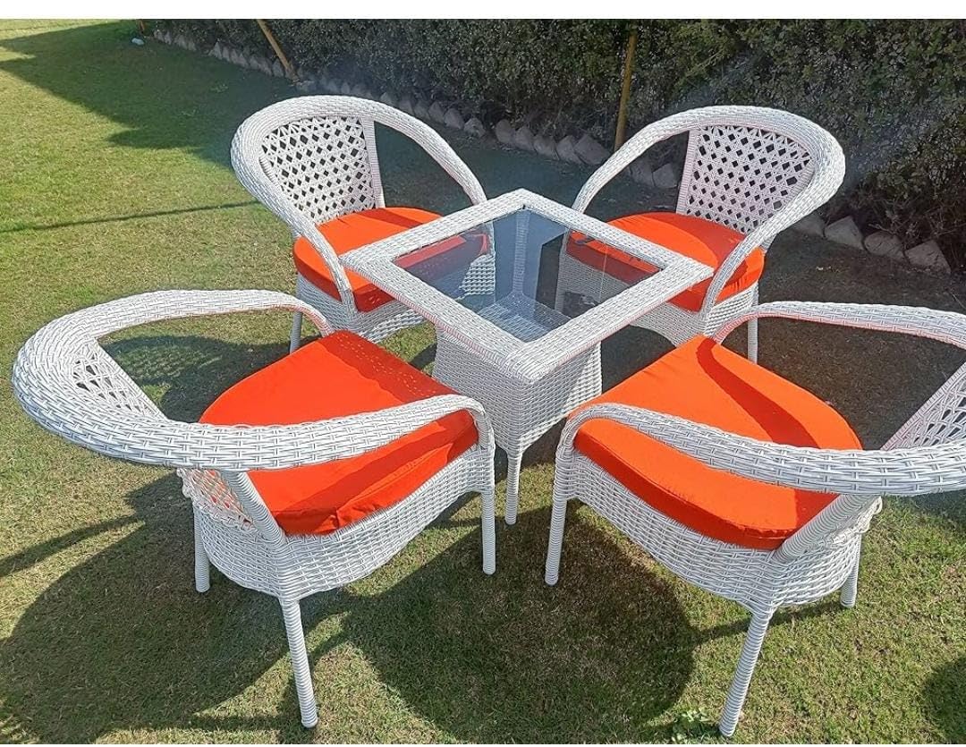 PRATHAM India Patio 4+1 Furniture Set Bistro Set Porch Backyard Garden Outdoor Furniture Rattan Chairs and Table Wicker Conversation Set (White with Black Lines, Orange Cushion 4+1 Square Table)-image-13
