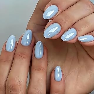 KQueenest Chrome Press On Nails Kurz Rund, Glänzende Baby Blau Nägel zum Aufkleben, High Shine Gel Fake Nails für Frauen in 16 Größen - 32 Stück Salonqualität Künstliche Nägel Set