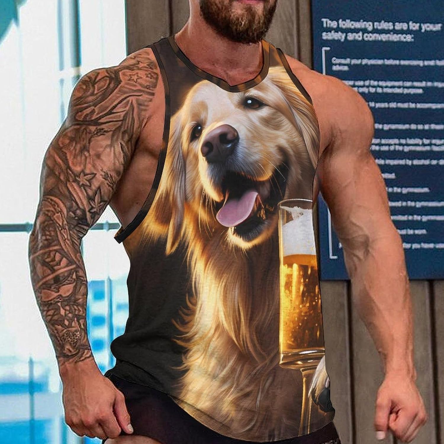 Gold Retriever Dog and Beer Mens Tank Tops Sleeveless Muscle Shirts Beach Casual Gym Shirt Vest Tee Tops