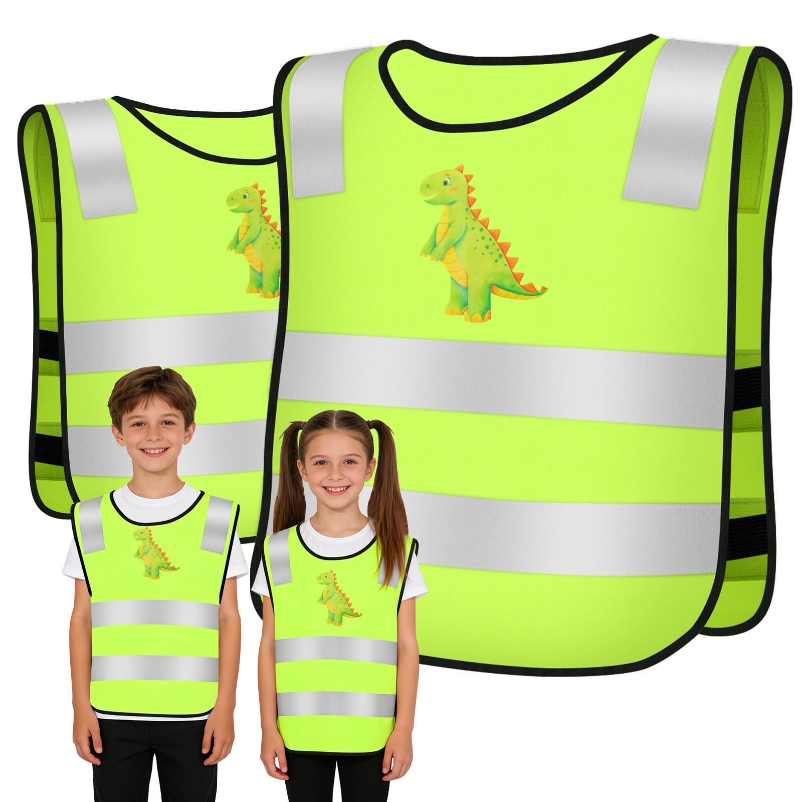 AUYAO 2 Pieces Hi Vis Vests for Kids Children's Reflective Safety Vests High Visibility Fluorescent Reflective Vest Reflective Waistcoat for Children Running Cycling Camping Hiking(Dinosaur)