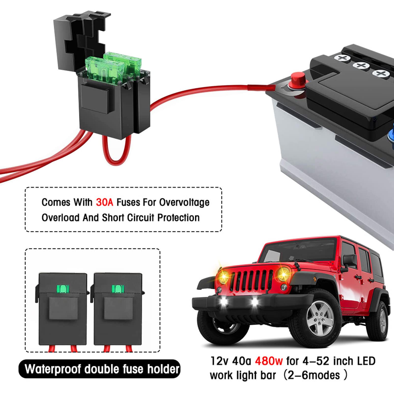 Irfora Kit cablaggio LED 480 W 2 cavi 14 AWG, cablaggio LED universale con relè 12 V 40 A e due interruttori di controllo per passare tra diverse modalità