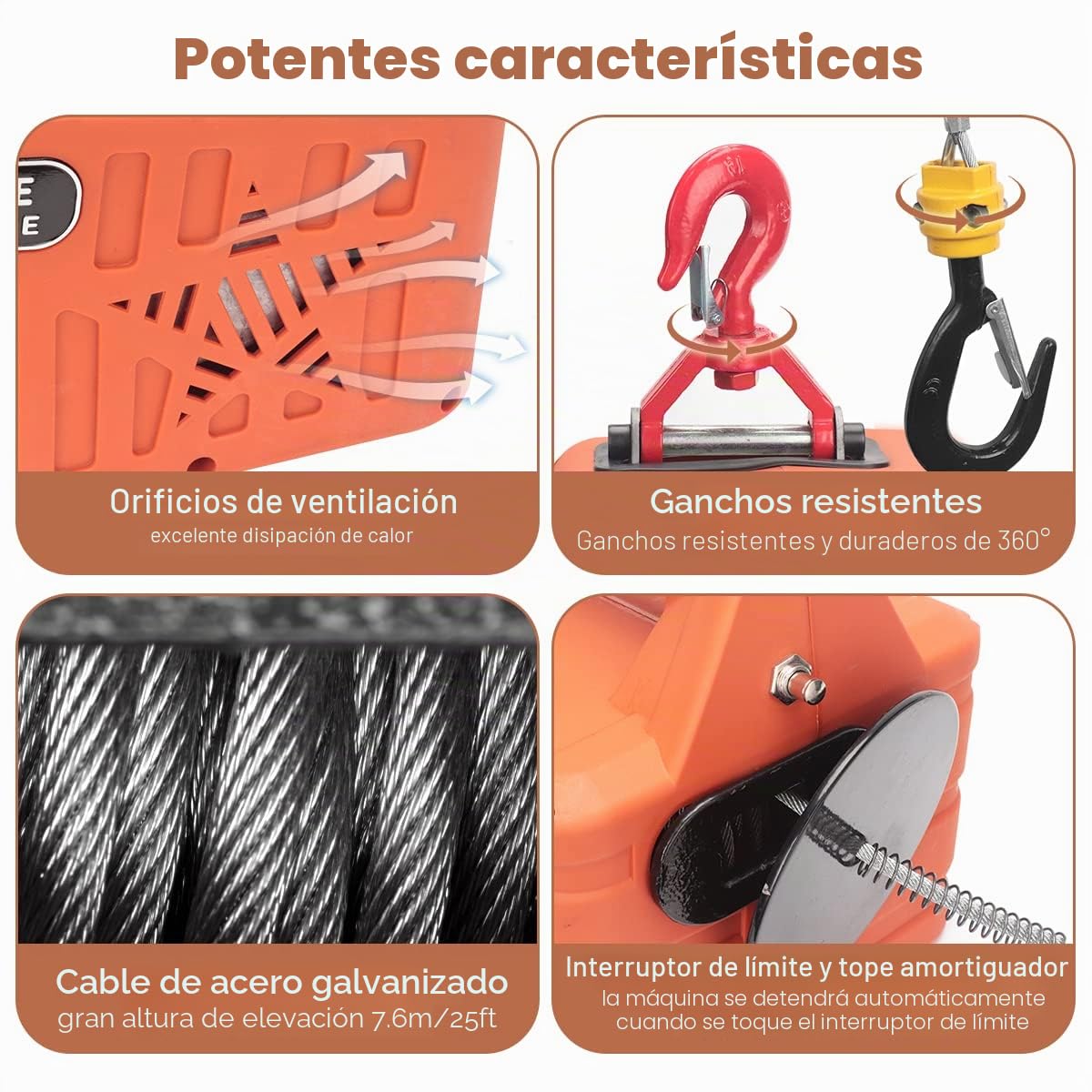 3 en 1 Polipasto Eléctrico 500KG,1500W Montacargas Cabrestante Eléctrico Portátil 220V con Eslinga de 7.6m para Elevación,Manual/Cable/Control Remoto,5M/Min