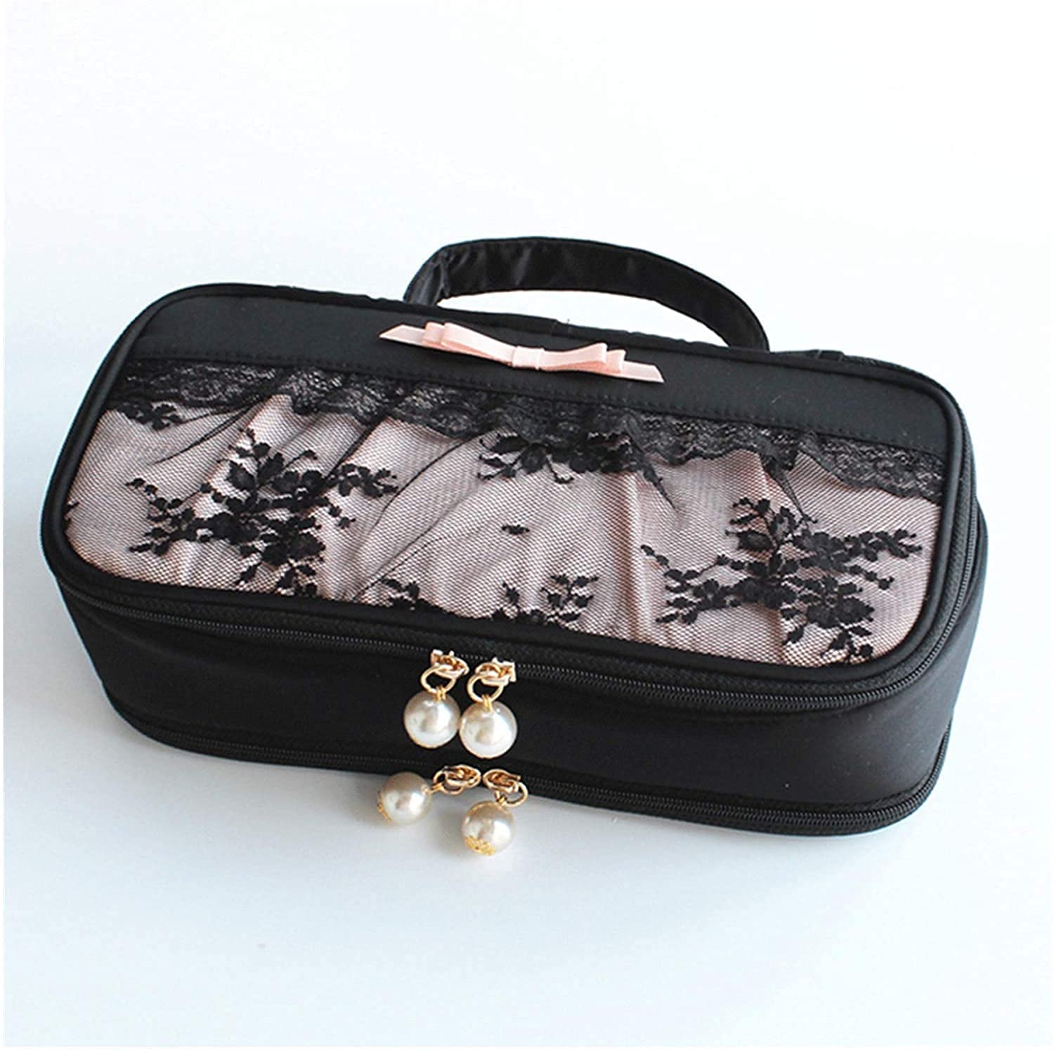 CLQ Reise-Schmuckbox-Organizer-Tasche Mit Strapazierfähigem Griff 2 In 1 Make-up-Box Für Frauen Mädchen Schmuckrolle Reiseetui Große Kosmetik-Aufbewahrungstasche Schwarz