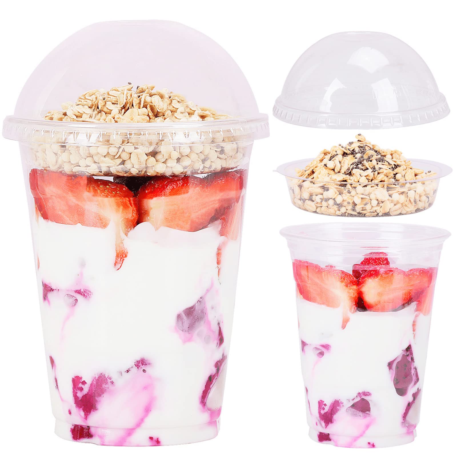 Aatriet 16 oz Clear Plastic Parfait Cups with Insert 4oz & Dome Lids No Hole - (50 Sets) Yogurt Fruit Parfait Cups for Dips and Veggies, Take Away Breakfast and Snacks. No Leaking