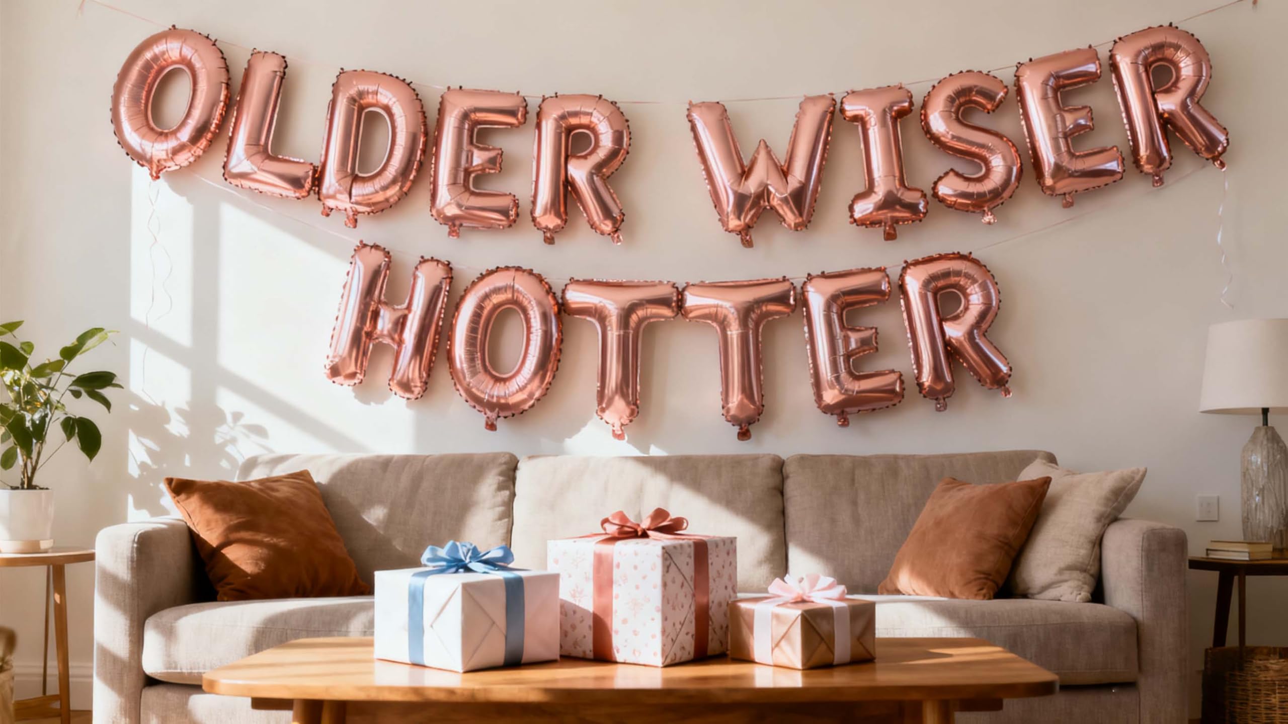 Older Wiser Hotter Foil Balloons Letter Banner Funny Birthday Decorations for Women Men 30th 40th 50th 60th 70th 80th Birthday Party Supplies (Rose gold)