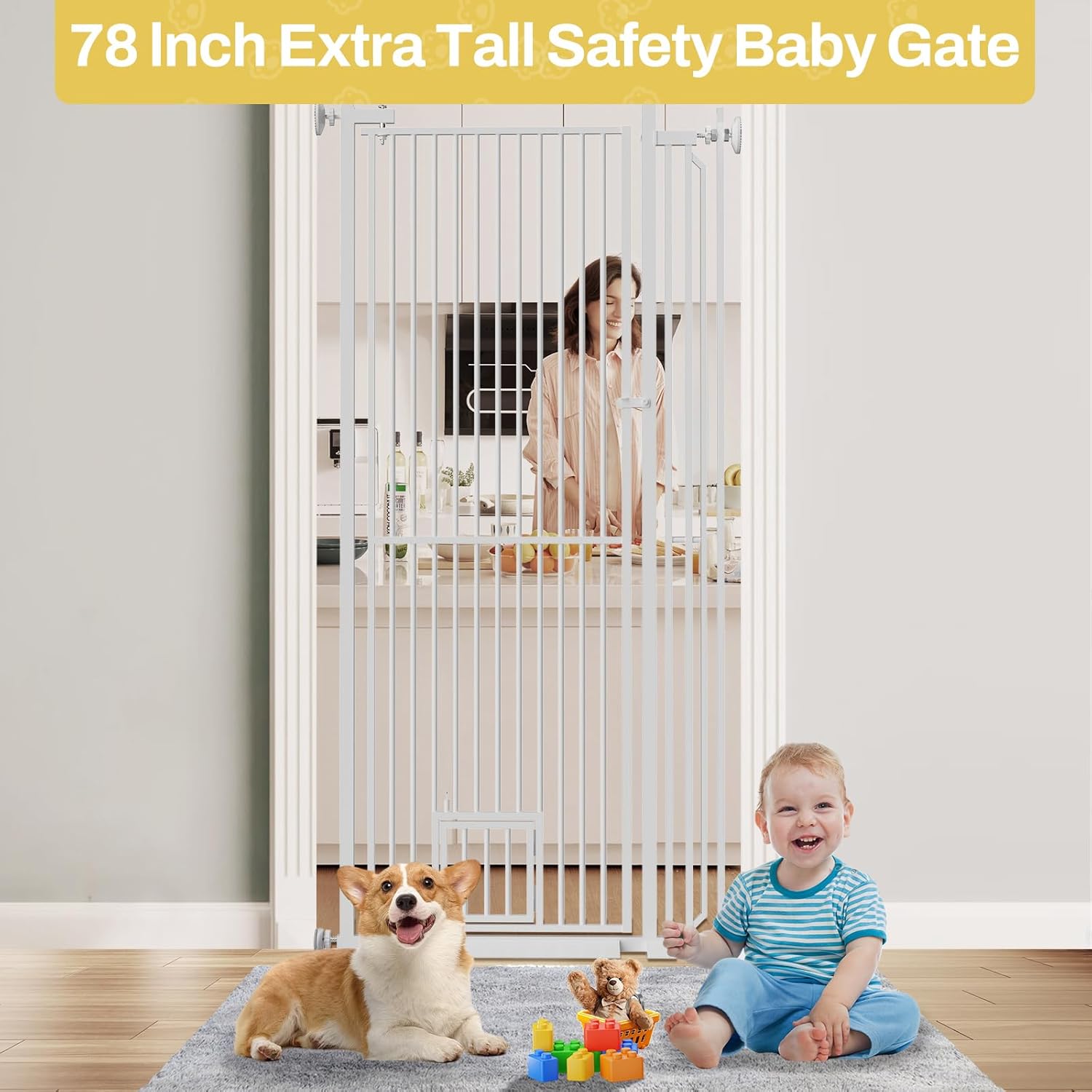 BEURUKU 78.3" Extra Tall Pet Gate for Cat Dog, 29.3" -32" Wide Baby Gate with Cat Door, NO Drilling Pressure Mounted for Doorways, Stairs, Hallways, White