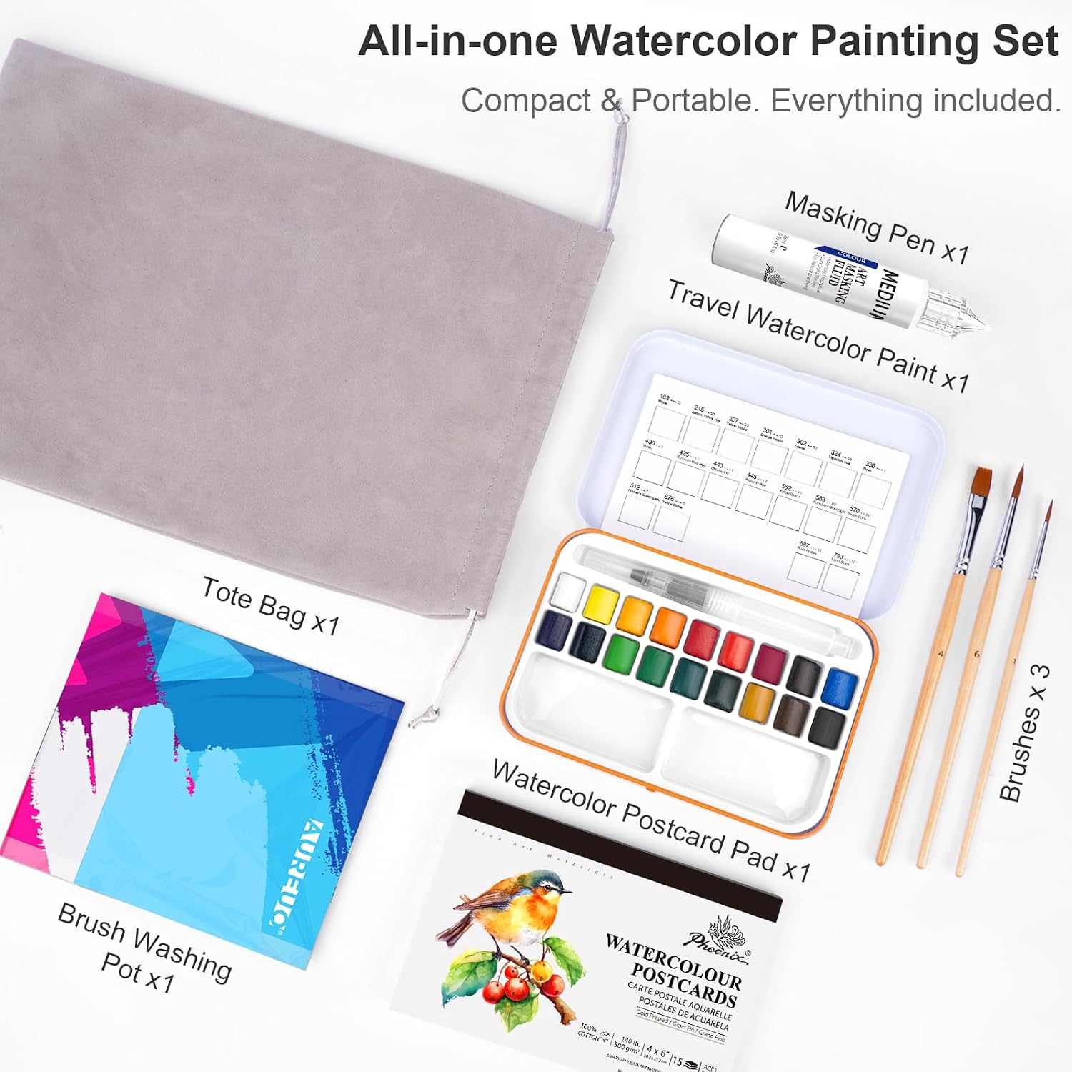 AUREUO Travel Watercolor Set with Gift Box - Small Water Color Kit with18 Classic Color Watercolor Paint Set, Brushes, Watercolor Postcards, Masking Fluid Pen & Tote Bag