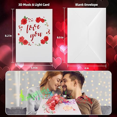 Miniatura 4 de MZD8391 Light Music & Pop Up - Tarjeta de felicitación 3D, ramo de rosas, regalo romántico para el día de San Valentín, tarjetas de feliz