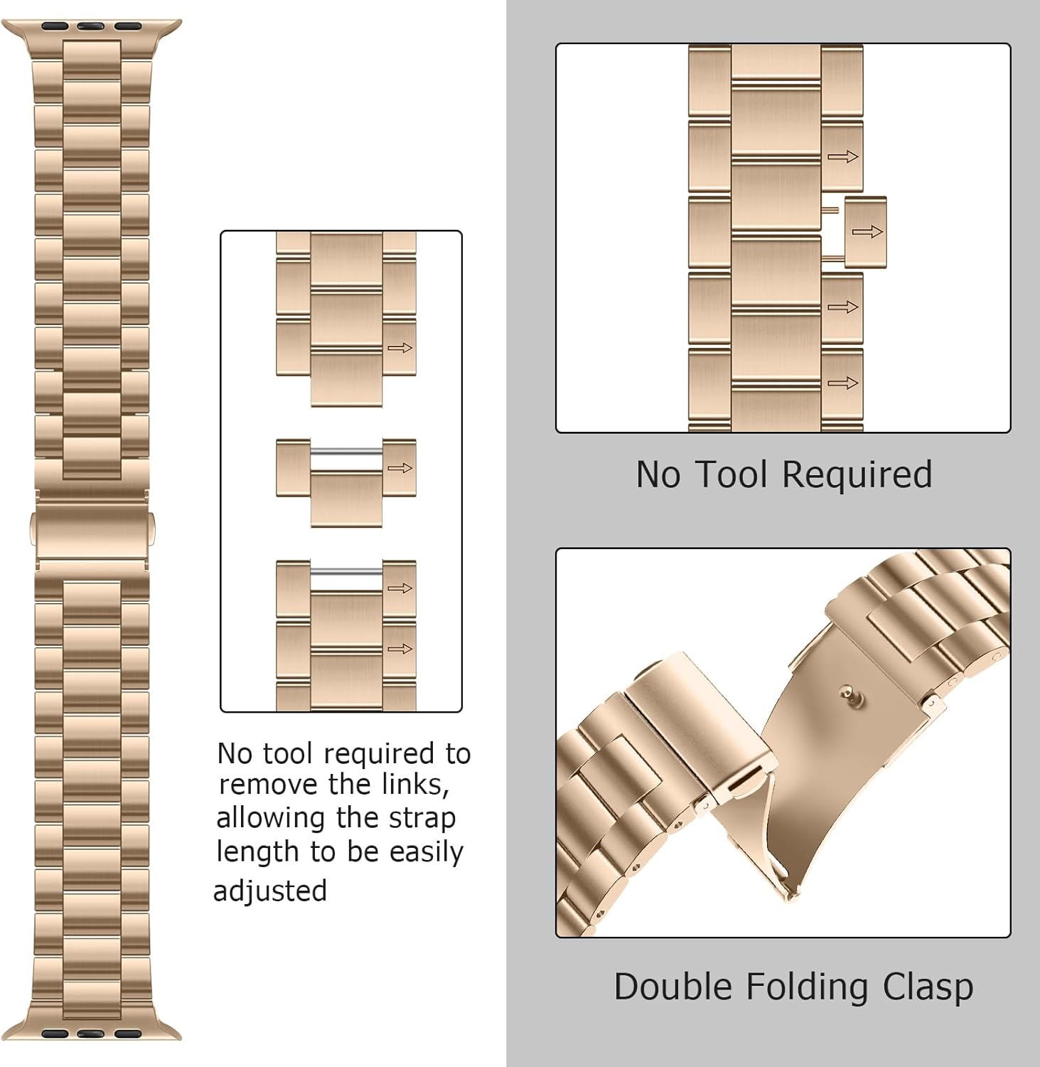 Anlinser No Tool Needed Bands Compatible with Apple Watch Band 49mm 46mm 45mm 44mm 42mm for Women Men, Stainless Steel Metal Strap Designed for iWatch Ultra 3/2/1 SE Series 11 10 9 8 7 6-1 (Gold) - Image 4