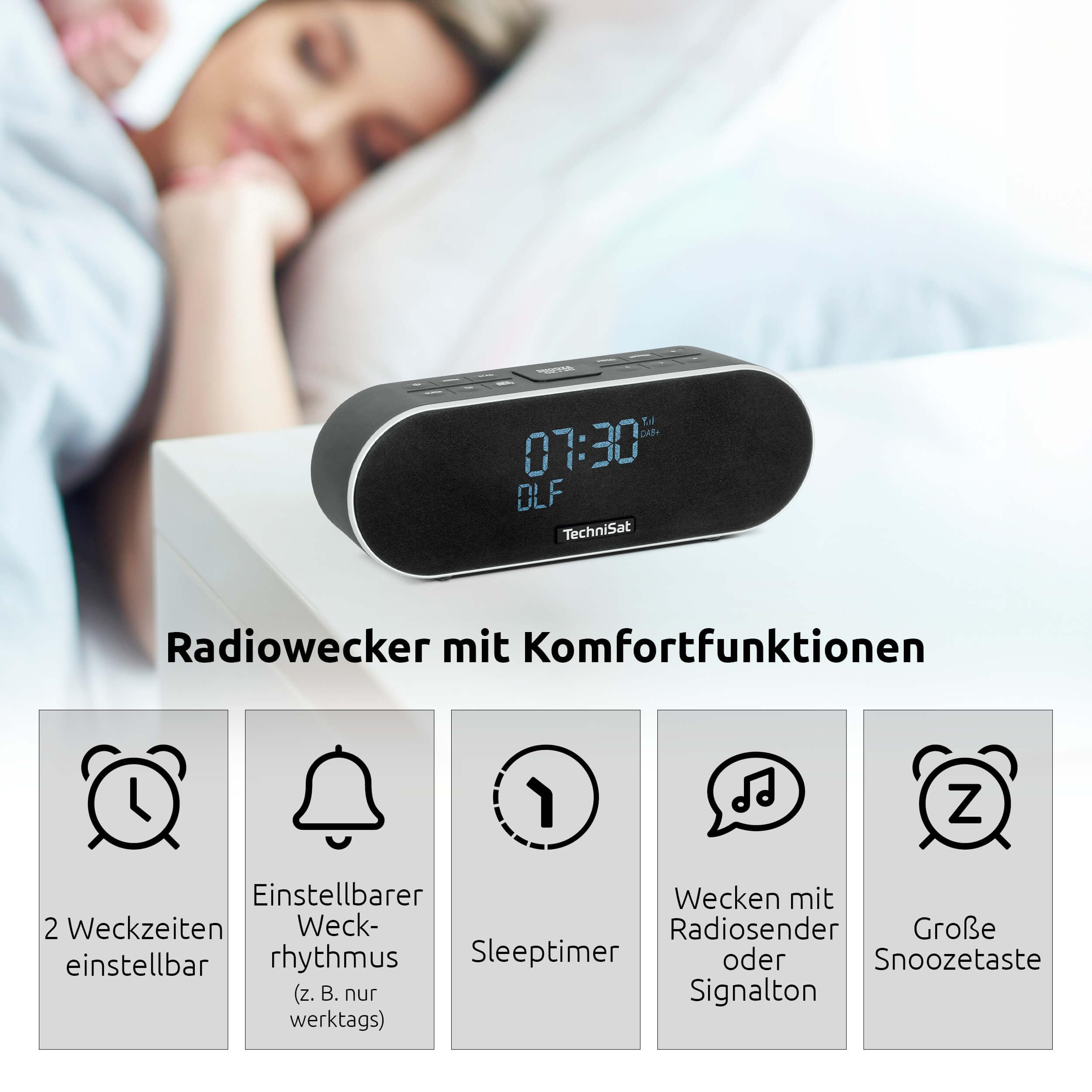 TechniSat DIGITRADIO 53 BT – Wecker, Bluetooth Lautsprecher, DAB+ Radio | DAB, UKW, FM, Sleeptimer, Snooze, Lichtsensor, Doppelarlarm, Bluetooth-Audiostreaming, USB-Ladefunktion, 20 Watt, Schwarz