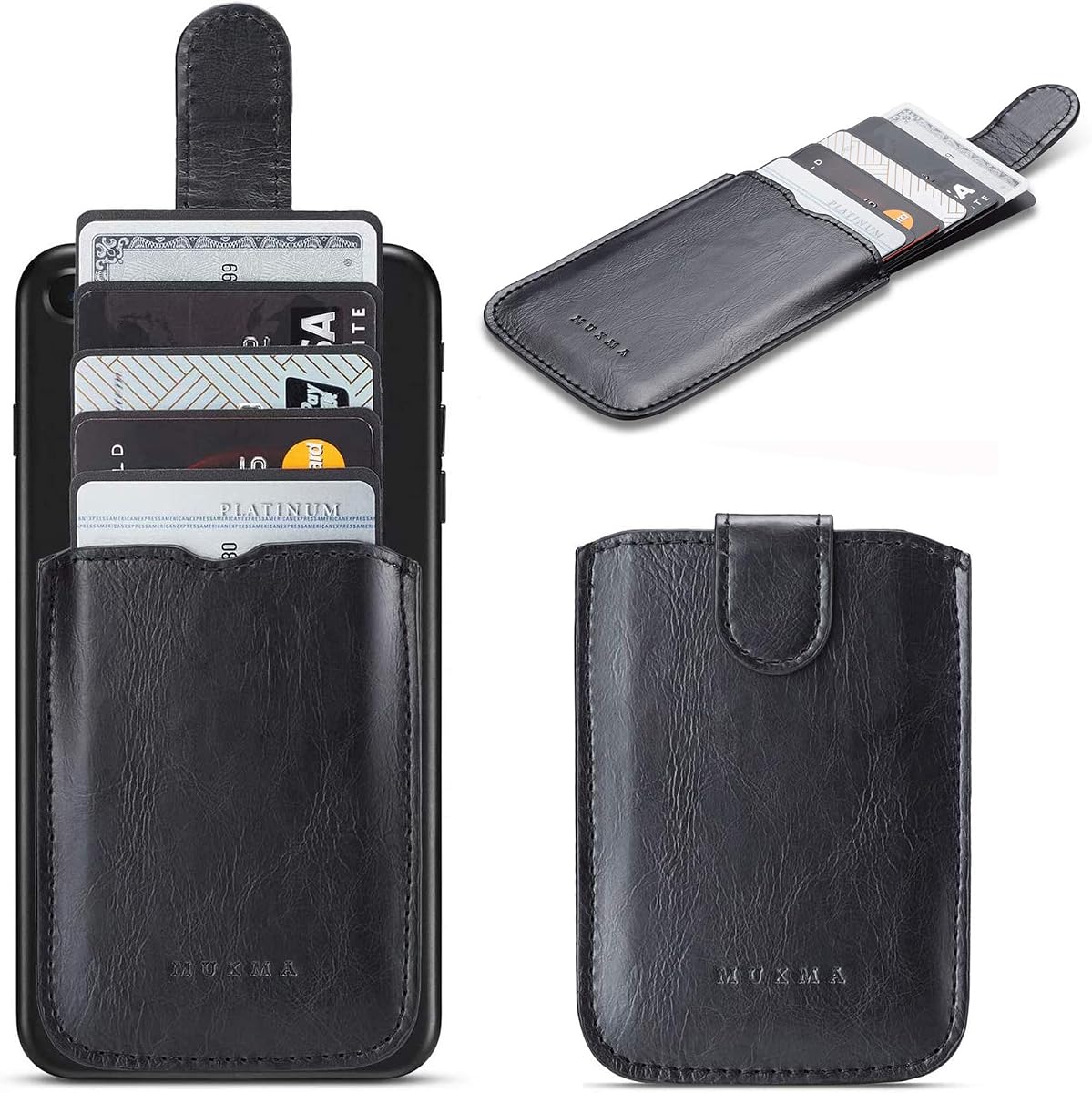 Phone Card Holder RFID Blocking Sleeve, Pu Leather Back Phone Wallet Stick-On Pull up 5 Card Holder Universally Pocket Covers Credit Cards Cash for iPhone/Android/Samsung/ Smartphones.Black (Black)