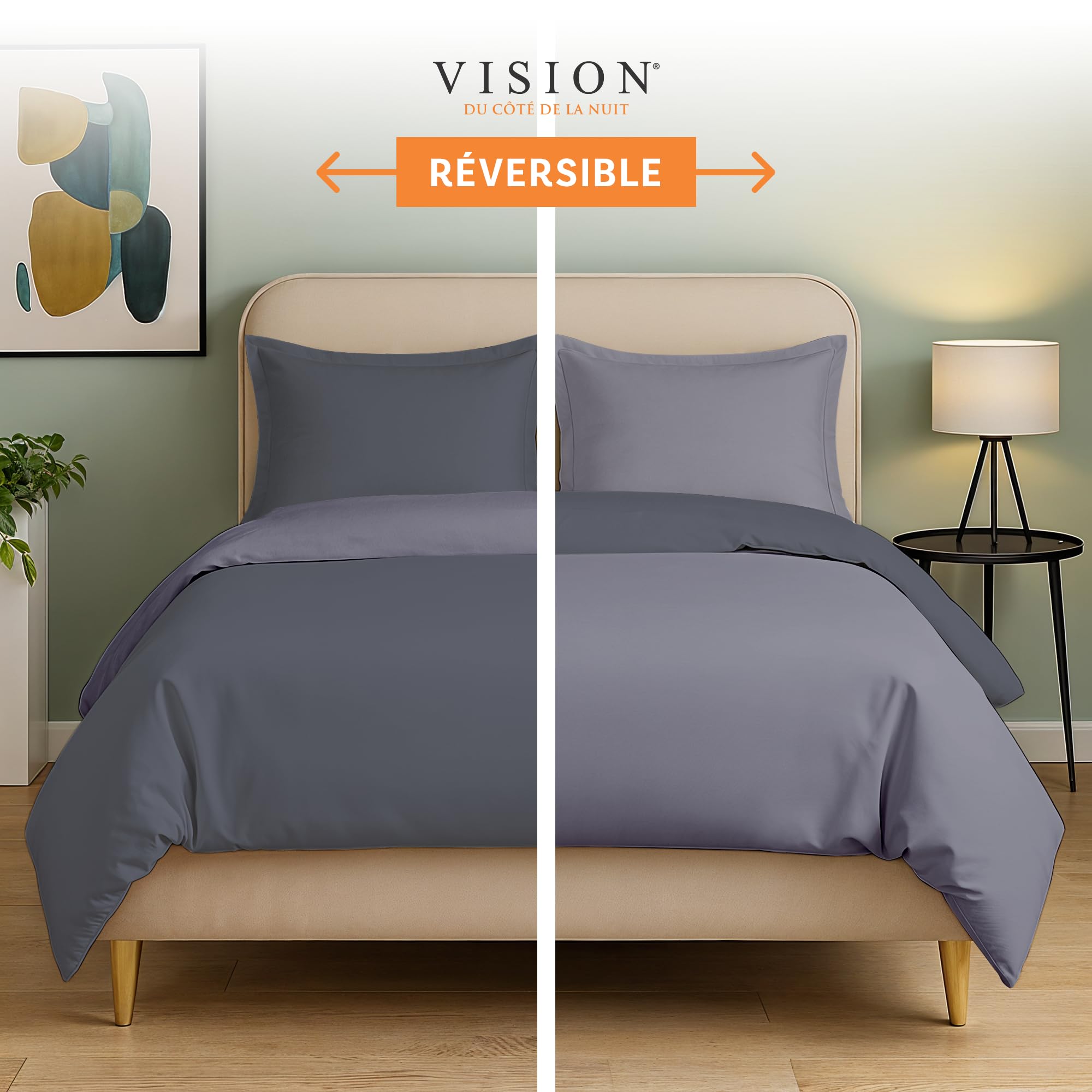 Vision Parure de Lit Réversible 100% Coton Lit Double - Gris Anthracite | 1 Housse de Couette (240x220 cm) + 2 Taies d'oreiller (65x65 cm) | 57 Fils/cm² | Doux et Confortable | Certifié Oeko-Tex