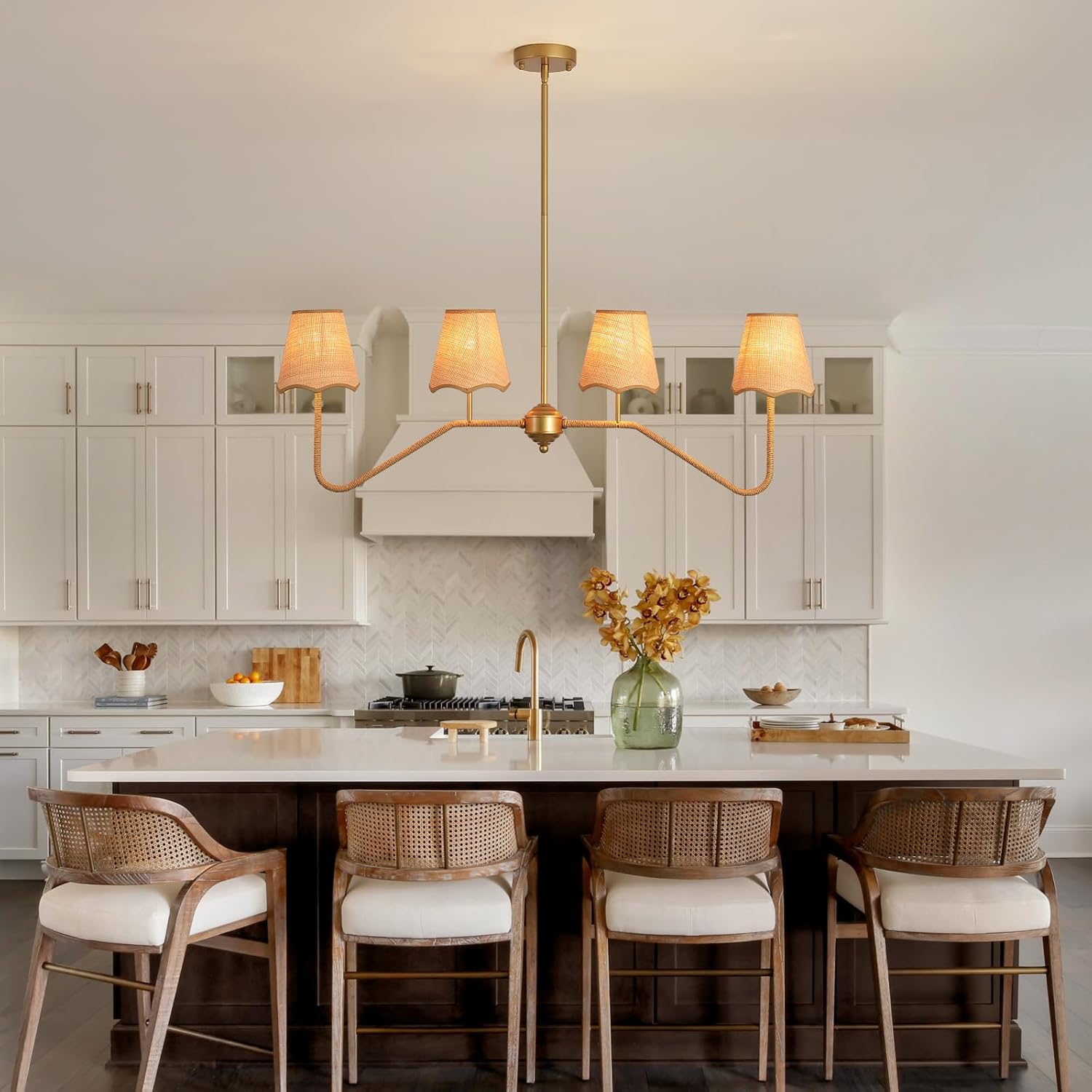 39" W Coastal Boho Rustic Rattan Chandelier, 4 - Light Gold Linear Pendant Light Fixture, Farmhouse Lighting for Kitchen Island, Dining Room Over Table Compatible with E12 Bulbs(Not Included)