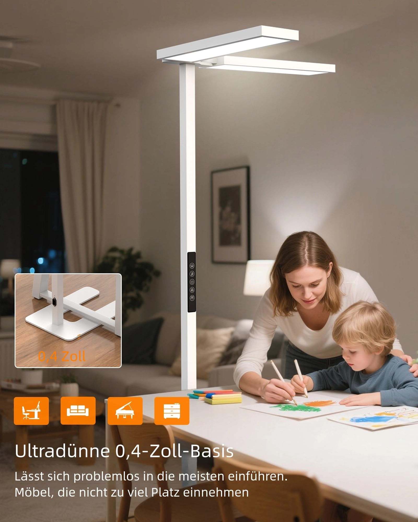 SOLLA Augenpflege Einstellbarer Kopf LED Stehlampe Büro Tageslicht, Bürolampe Stehlampe Uplight und Downlight, 80W+40W-UGR≤16,Geeignet fürBüros, Bibliotheken, Kinderzimmer, Konferenzräume-Weiß