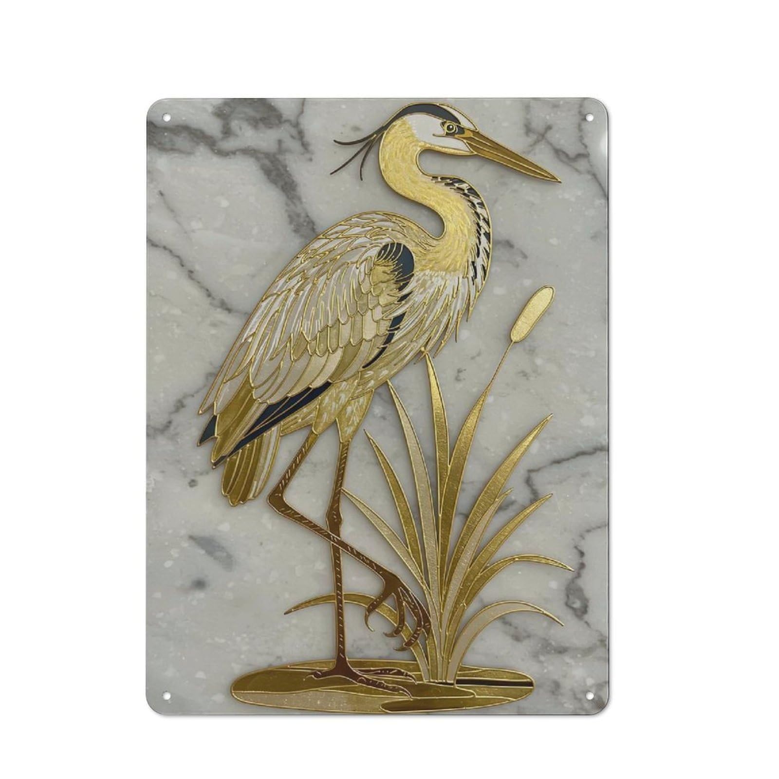 Tin Sign 40x30cm with Elegant Golden Heron with Cattails Artwork for Garage Wall, Rustic Decor, for Living Room, Hallway And Entrance Wall Decor