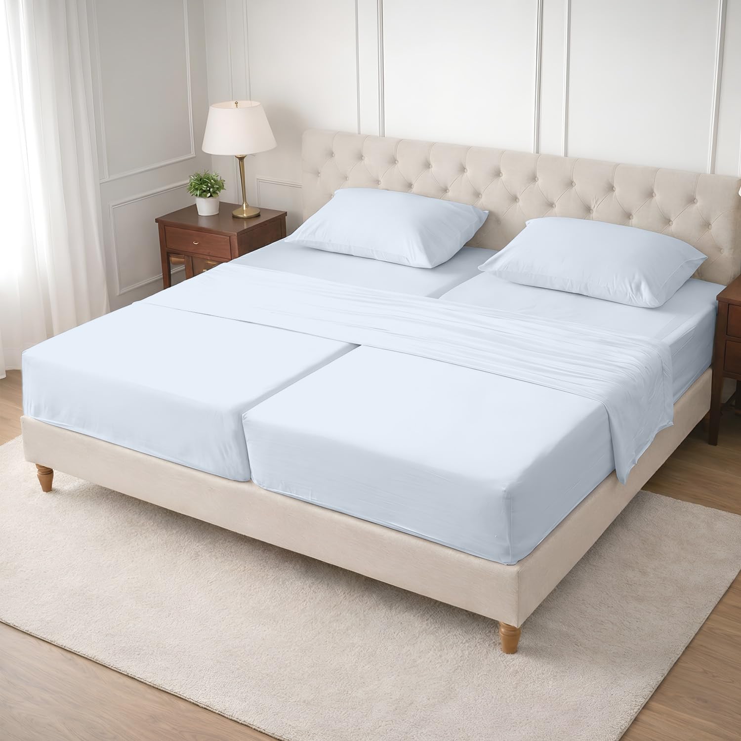 SGI Split King Sheet Set for Adjustable Bed Egyptian Premium Cotton 600 Thread Count Sheets for Sleep Number Bed 15" Deep Pocket 5 Pc Set with 2 Twin XL Fitted Sheets Soft Breathable -Light Blue