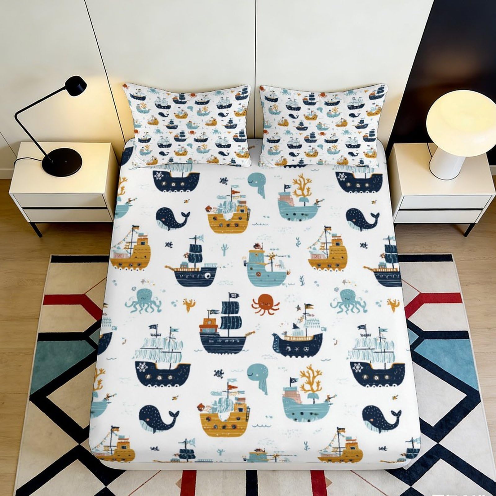 3D Printed Cartoon Ship Fitted Sheet Microfiber Deep Pocket Non-Slip Adult Bedroom Bedding Nautical Mattress Fitted Cover 200x200x25cm 90x200x25cm