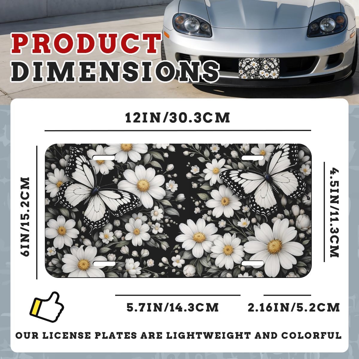 Butterfly Daisy Front License Plate Black Flora White Elegant Garden Aluminum Decorative License Plates Funny Novelty Vanity Tag Cover Car Decor Accessory with 4 Holes for Men Women 12×6 Inch