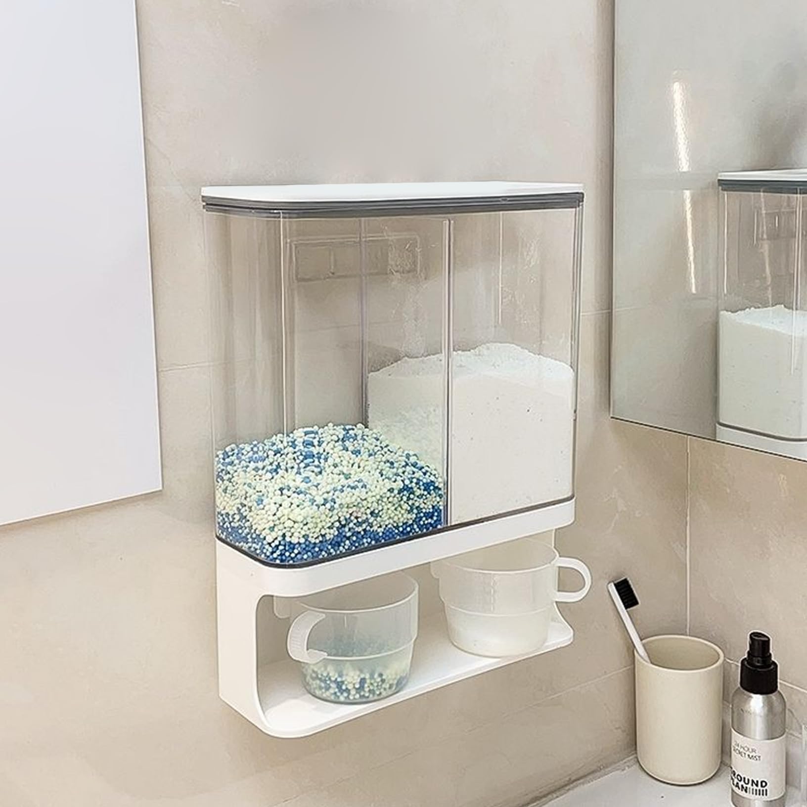 Dispensador de polvo para lavandería, 3000 ml, dispensador de detergente transparente impermeable a prueba de polvo, contenedor de polvo de lavandería montado en la pared con 2 tazas