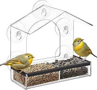 Window Bird Feeder with Extra Strong Suction Cups, Acrylic Detachable Birds Feeders Tray, Transparent Outside Birdhouse for Cat Window Perch, Great Bird Watching Gifts (5 Suction Cups)