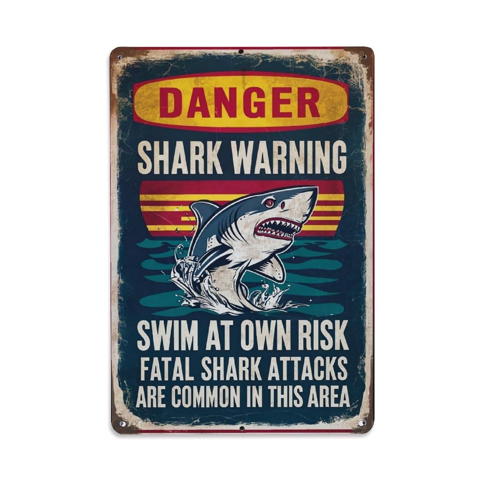 Jdfenggu Vintage Danger Shark Warning Sign Retro Metal Tin Sign, Metal Poster For Bar, Home, Man Cave, Kitchen, Laundry Room Art Decor 8X12 Inch