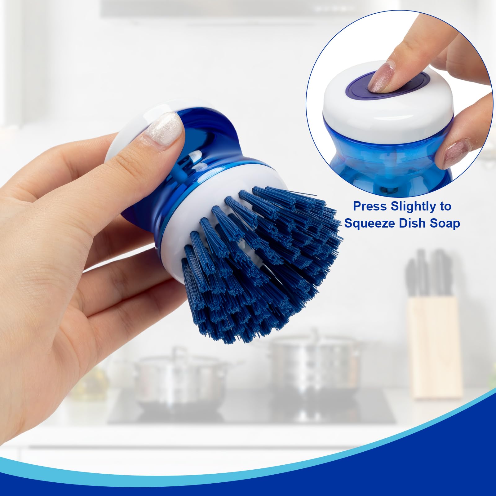 Maxcheck Spülbürste mit Seifenspender, Küchenbürsten für Geschirr, Seifenspender, Geschirrreiniger, Handküchenreinigungsbürste für Geschirr, Topf, Pfanne, Spüle, Blau, 4 Stück