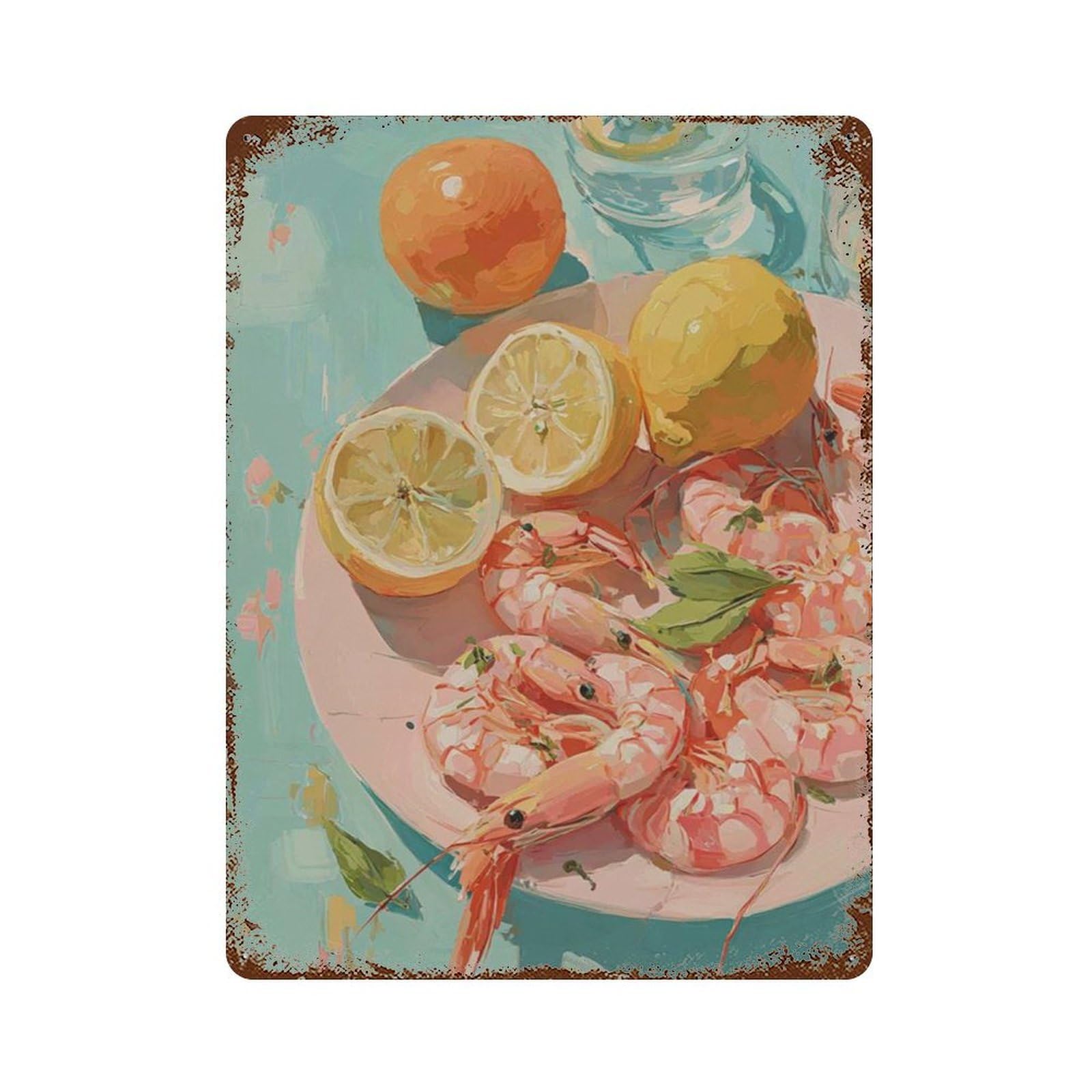 xiaoxiaoshen Shrimp Seafood Kitchen Citrus Food Mediterranean Dining Wall Decor Art Metal Tin Poster Modern Home Decor Art Home Bar Shop Decorations Vintage Sign 40x30cm